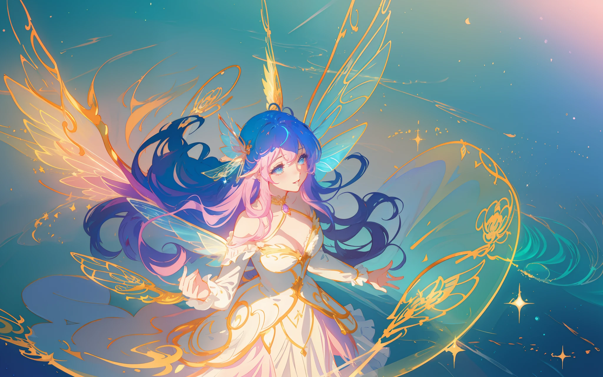 beautiful anime girl in flowing long sleeve ruffle layered ballgown, ((fairy wings)), inspired by Glen Keane, inspired by Lois van Baarle, (disney art style), by Lois van Baarle, glowing aura around her, by Glen Keane, jen bartel, glowing lights! digital painting, flowing glowing hair, glowing flowing hair, beautiful digital illustration, fantasia background, whimsical, magical, fantasy, ((masterpiece, best quality)), intricate details, highly detailed, sharp focus, 8k resolution, sparkling detailed eyes, liquid watercolor, swirling magical lines of light. pastel colors