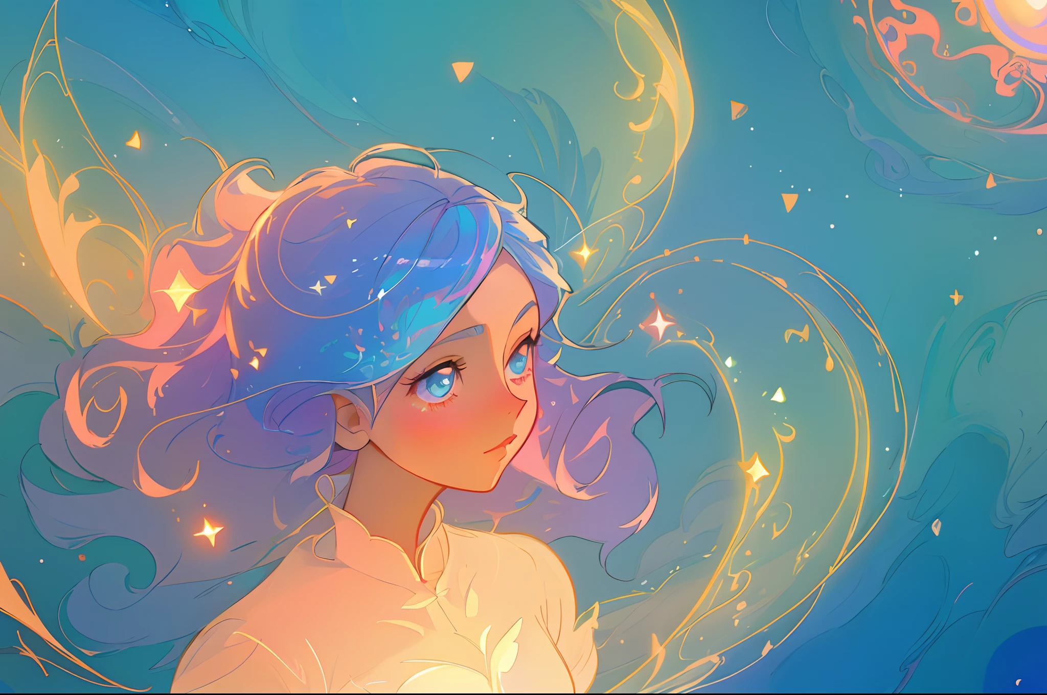 anime, princess flowing gown, glowing ethereal hair, anime girl with cosmic hair, beautiful young wind spirit, beautiful anime art style, beautiful digital illustration, inspired by Glen Keane, inspired by Lois van Baarle, disney art style, glowing aura around her, jen bartel, glowing lights, (masterpiece, best quality), sharp focus, 8k resolution, intricate detail, highly detailed, swirling lines of light, magical lights, whimsical, magical, fantasia background, pastel colors, beautiful girl, golden ratio, perfection, beautiful face, sparkling detailed eyes