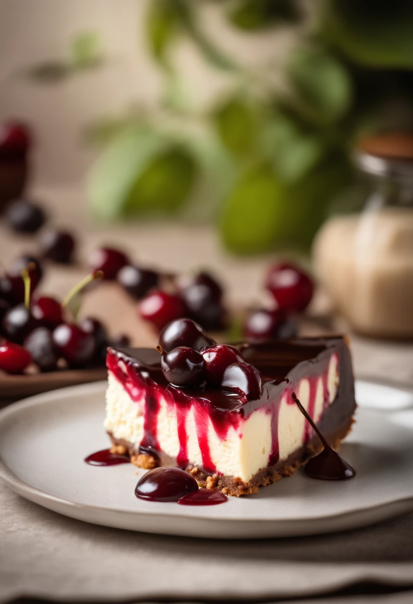 Appetizing slice of cherry cheesecake with chocolate, delicious, fragrant, detailed  professional photography and light, close-up