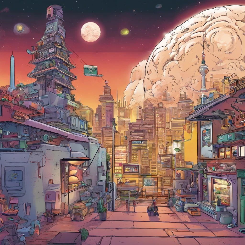 desenhe em estilo cover art de Play Station 1 uma nave espacial abduzindo pessoas em uma cidade e um alien em cartoon segurando um controle remoto