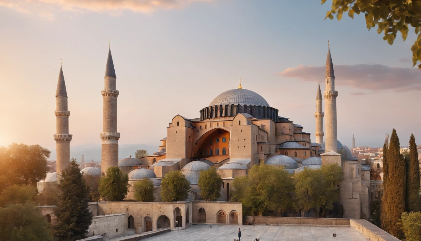 A breathtaking view of the majestic Hagia Sophia at dusk. The iconic architectural wonder stands tall, beautifully illuminated against the fading sky. Intricate details of its grand domes, arches, and minarets are captured with meticulous precision. The composition highlights the building's magnificence, while soft tones create a serene atmosphere. Anime realism brings this scene to life, resulting in a perfect illustration.