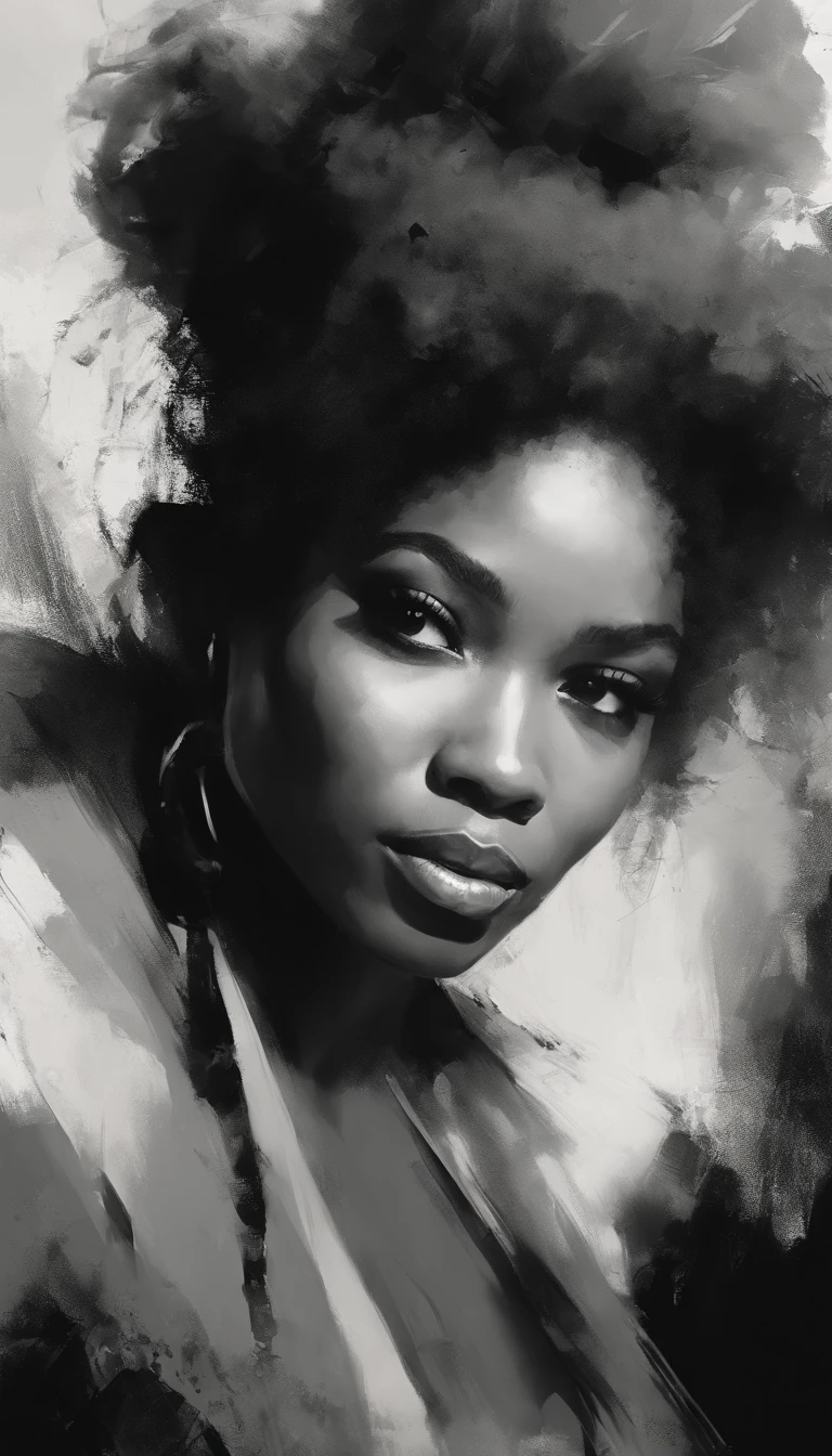 an image of a black woman with Afro , in the style of russ mills, michael garmash, charming sketches, mono-ha, contemporary asian art, lilia alvarado, concise brushwork --ar 69:128 --s 750 --v 5. 2