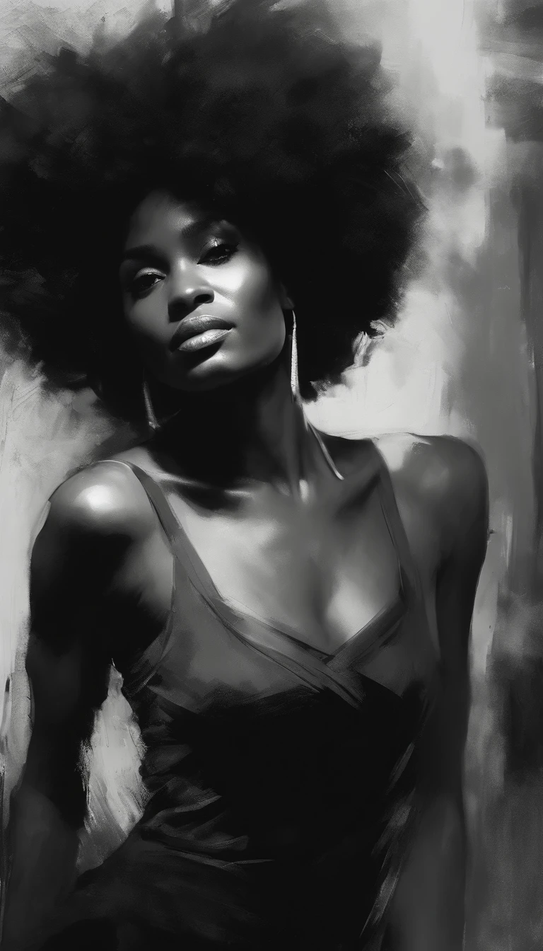 an image of a black woman with Afro , in the style of russ mills, michael garmash, charming sketches, mono-ha, contemporary asian art, lilia alvarado, concise brushwork --ar 69:128 --s 750 --v 5. 2