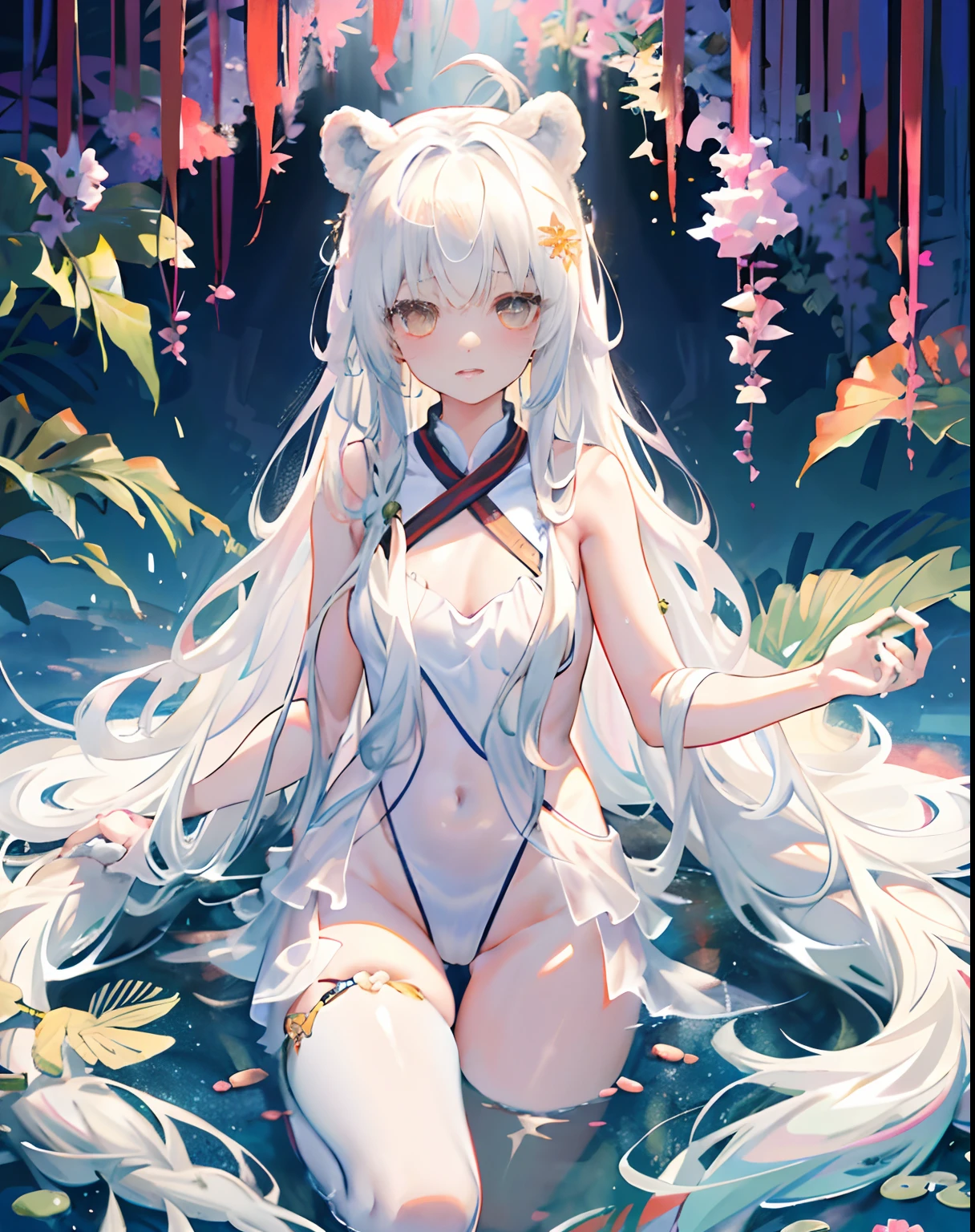 1girll, 独奏,,long layered silvery white hair, dual horsetail,Bear headdress,Upper body nudity,Lower body nudity,The kinky is exposed ,perspired,Lots of sweat,liquid milk,Between the thighs and femurs,liquid milk