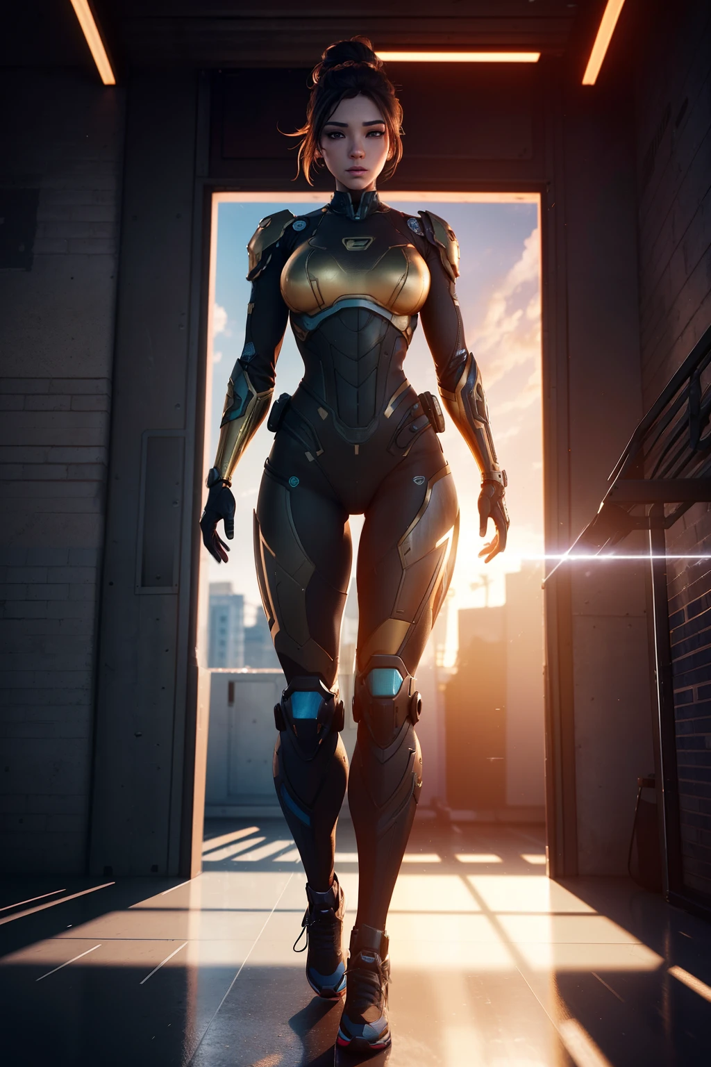 From face to the waist::1, realistic skin texture, zbrush::1 realistic super detailed hair, 3d::1, front view::1, mech suit::1, sports photography, panning photography::1, vaporwave::1, golden hour, unreal engine::1, zbrush::1, charlie bowater::1, bold makeup::1