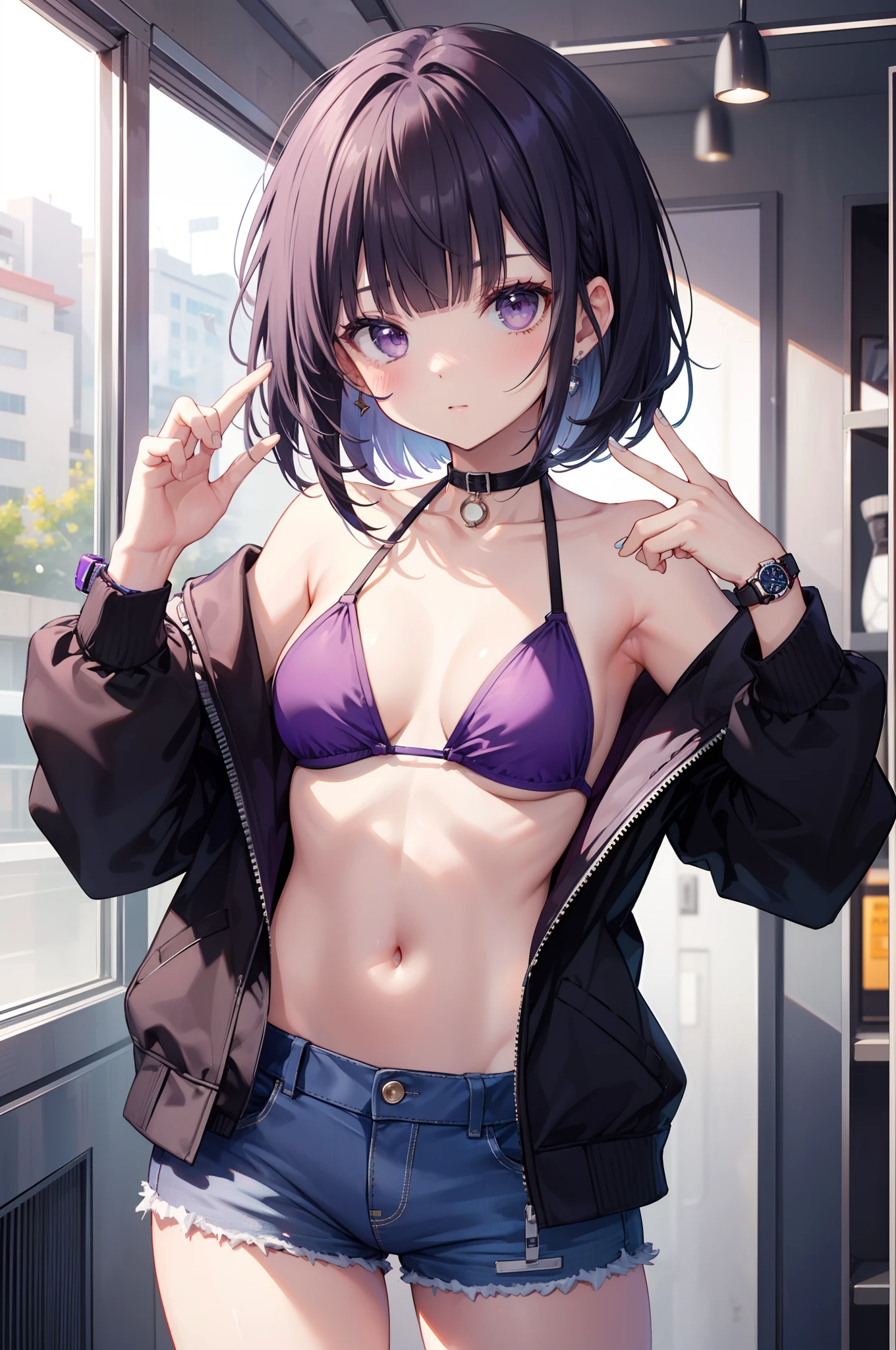 girl, cool girl, purple bikini, solo, blunt bangs, short bob hair, cool and cute pose,, armpit, , purple and black jacket, wristwatch, hot pants, medium , complete fingers, five fingers, petit, short body