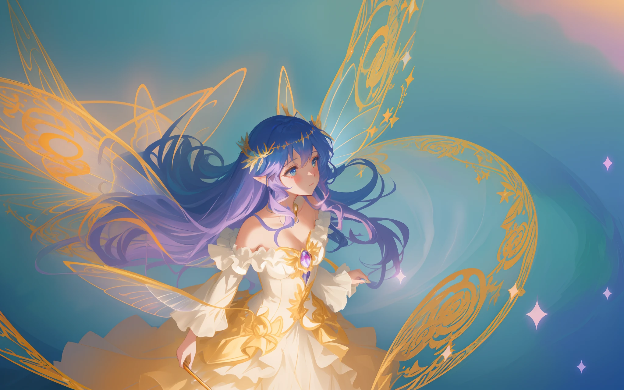 beautiful anime girl in flowing long sleeve ruffle layered ballgown, ((fairy wings)), inspired by Glen Keane, inspired by Lois van Baarle, (disney art style), by Lois van Baarle, glowing aura around her, by Glen Keane, jen bartel, glowing lights! digital painting, flowing glowing hair, glowing flowing hair, beautiful digital illustration, fantasia background, whimsical, magical, fantasy, ((masterpiece, best quality)), intricate details, highly detailed, sharp focus, 8k resolution, sparkling detailed eyes, liquid watercolor, swirling magical lines of light. pastel colors