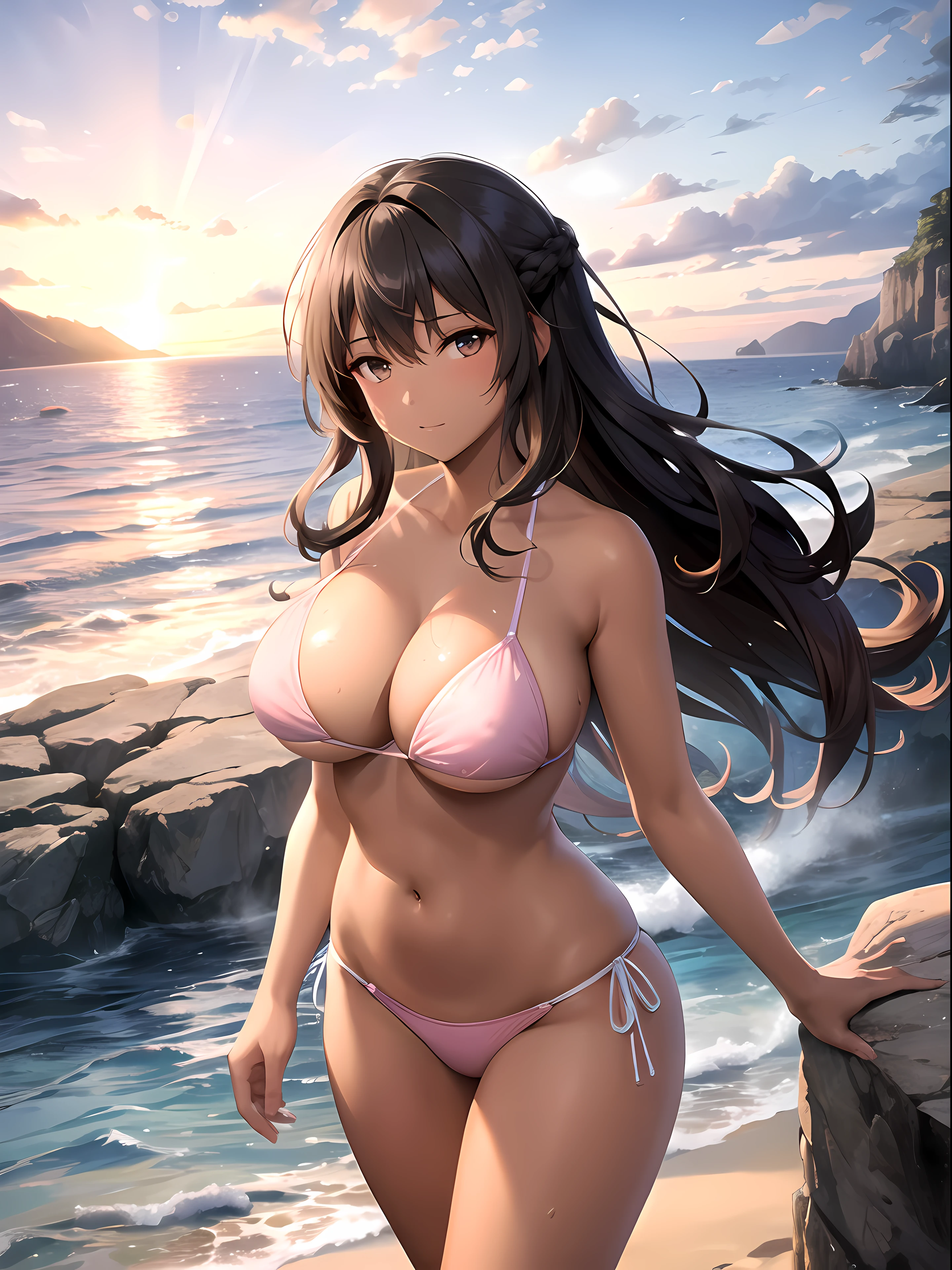 1female, very mature woman, milf, 30yo, (lighter brown hair, wavy hair)+, (dark skin, tan), (gal gyaru)+, very large breast, skinny leg, beautiful female proportions, seduction face, side tie bikini, (light pink bikini), stand in reflective water, onsen, natural onsen, ocean wave, sea waves hit the rocks, epic and stunning, (cliff in far background) , (summer, romantic, mesmerizing), heaven on earth, near the sea, stand in a reflective pool, beach, ((ocean, clouds)) , stunning view, (sunset, twilight)+, seaside onsen, masterpiece, trend on Pixiv, medium shot, backlighting, 8k, unfinished, oil paintings