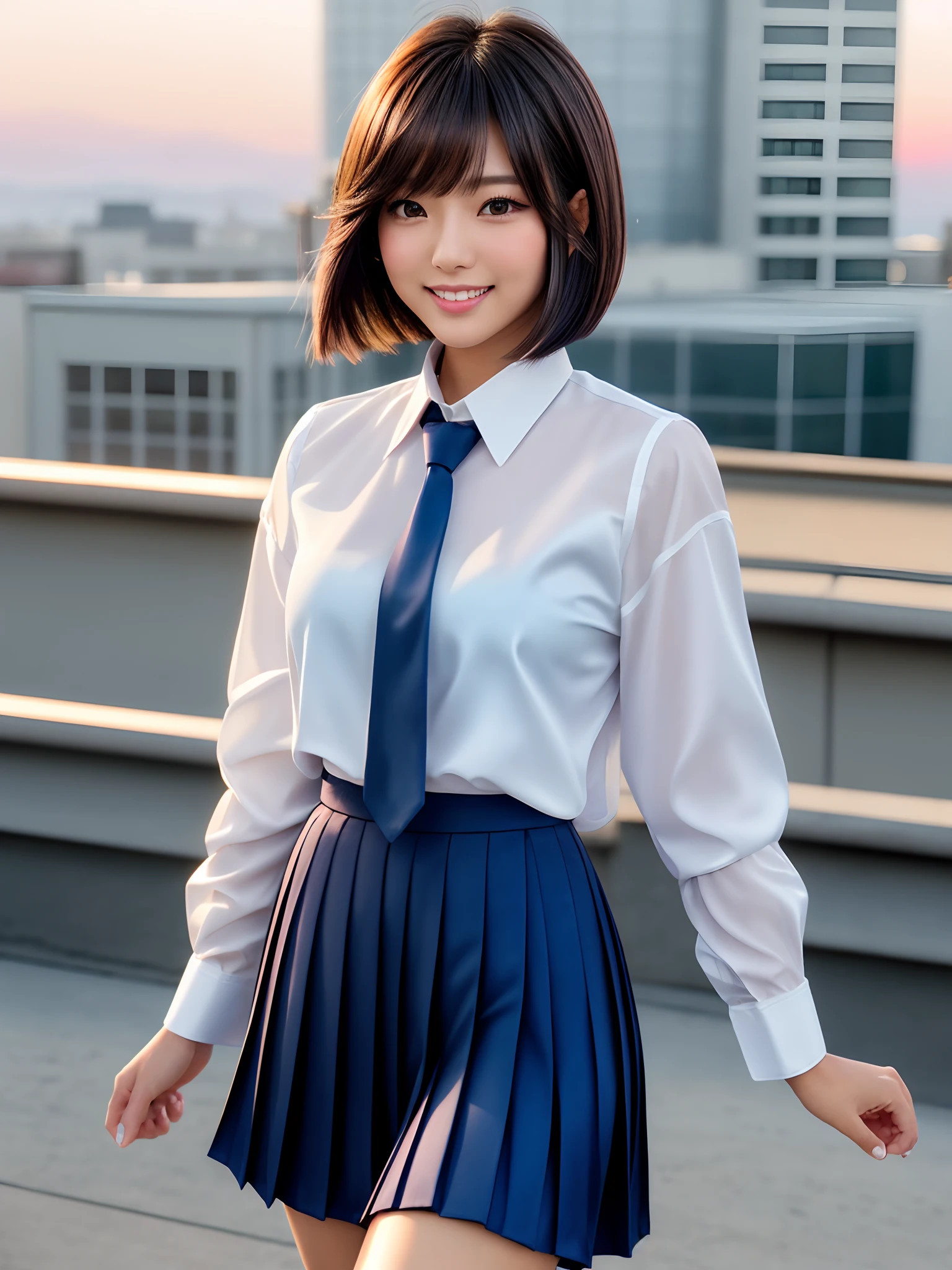 product quality, 1girl, cowboy shot, front view, a Japanese young pretty woman, bob hair, standing at a high school rooftop, bob hair blown by wind, with a big smile, sunset, glamorous figure, wearing a long sleeves white collared silky shirt with shiny satin dark blue plain tie, rolling up the shirt sleeves, wearing a dark blue pleated long skirt, hyper cute face, glossy lips, double eyelids in both eyes, natural makeup, long eyelashes, shiny smooth light brown bob hair, asymmetrical bangs, a tanned skin, central image, high resolution, high detail, detailed hairstyle, detailed face, spectacular cinematic lighting, octane rendering, vibrant, hyper realistic, perfect limbs, perfect anatomy