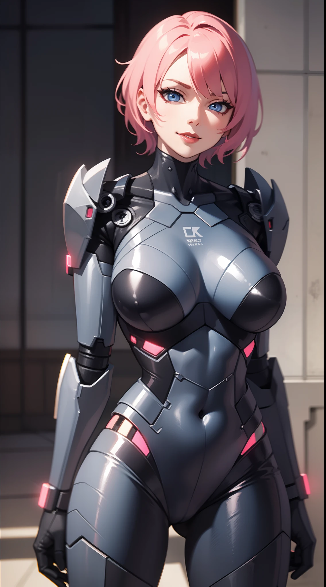 Grown-up girl, short pink hair, blue eyes, large breasts, red lipstick, smirk, Grey Plug Suit, Cyborg, Masterpiece, hiquality, 4k, HD, Good detail