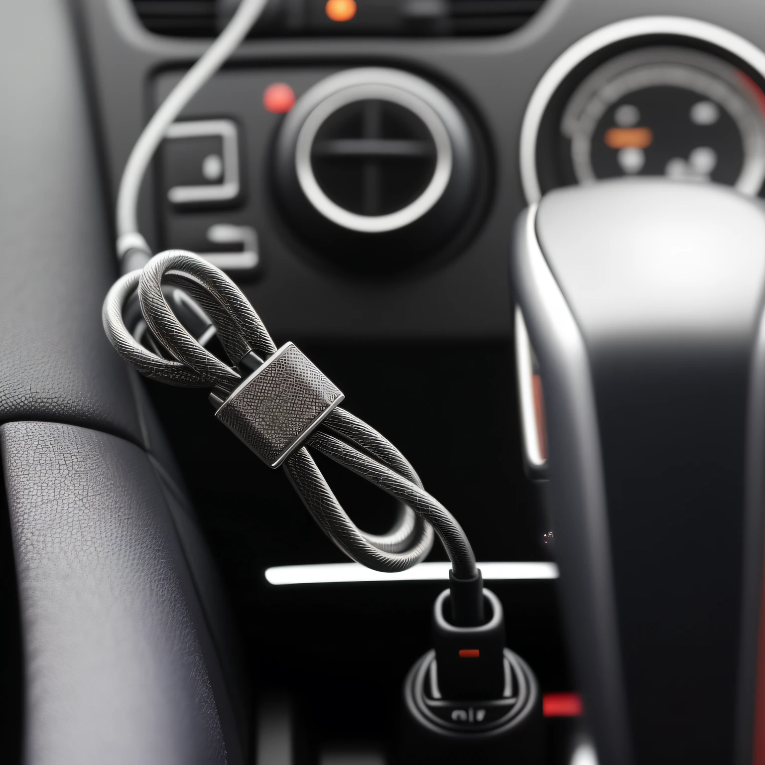 Car dashboard close-up,The wire is connected to the charger, cable plugged in, detalhe poderoso, ligne, detail processing, accurate and detailed, connections, High quality detail, messy cords, High details!, Perfect detail, superior detail, cable wires, look at the details, 🦑 designs, Tangled cables, inside car, braided cable, detail shots