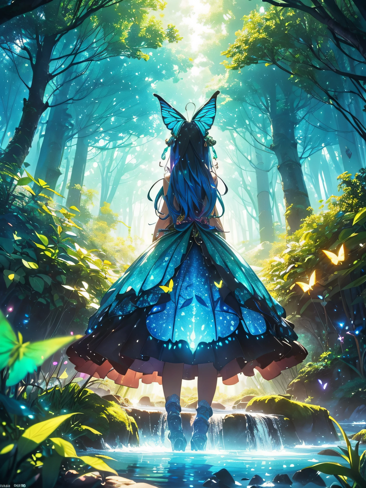 Enchanted mystical forest, neon-colored butterflies, pure blue water river spring, golden mini fairies, glowing mushrooms releasing pollen, extremely beautiful landscape, (ultra-realistic), {extremely detailed 8k CG unit wallpaper}, expansive landscape photography, (a low view that prioritizes the entire scene, (wide open field view), (low angle shot), (high light: 1.5), (low light: 1.0), (warm light source: 1.0), complex details, (iridescent colors: 1.5), (bright lighting), (atmospheric lighting), nature, magical, landscape