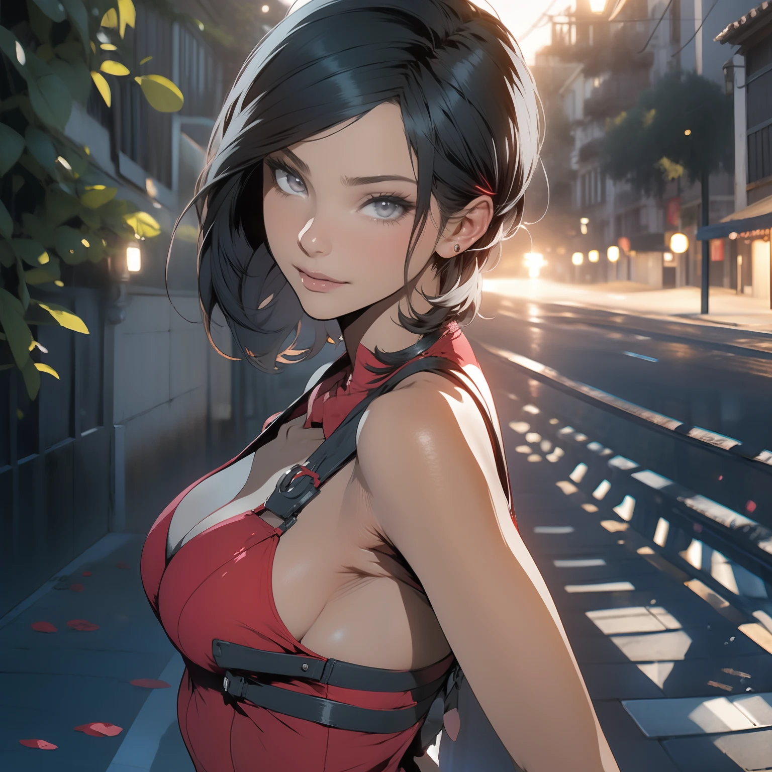 1 girl, solamente, Ada Wong de Resident Evil 4 Remake, pelo corto, cabello negro, red dress, cleavage, bikini rojo, cara de Adriana, Visor mirando,Looking back, cuerpo completo sonrisa tortuosa,La mejor calidad, High resolution:1.2, Pueblo del siglo 18 en el fondo, Sombras, Nightime, Luz de la luna, Disparo en la parte superior del cuerpo, low camera angle, Profundidad de campo, Enfoque central, detailed eyes, perfect face and eyes