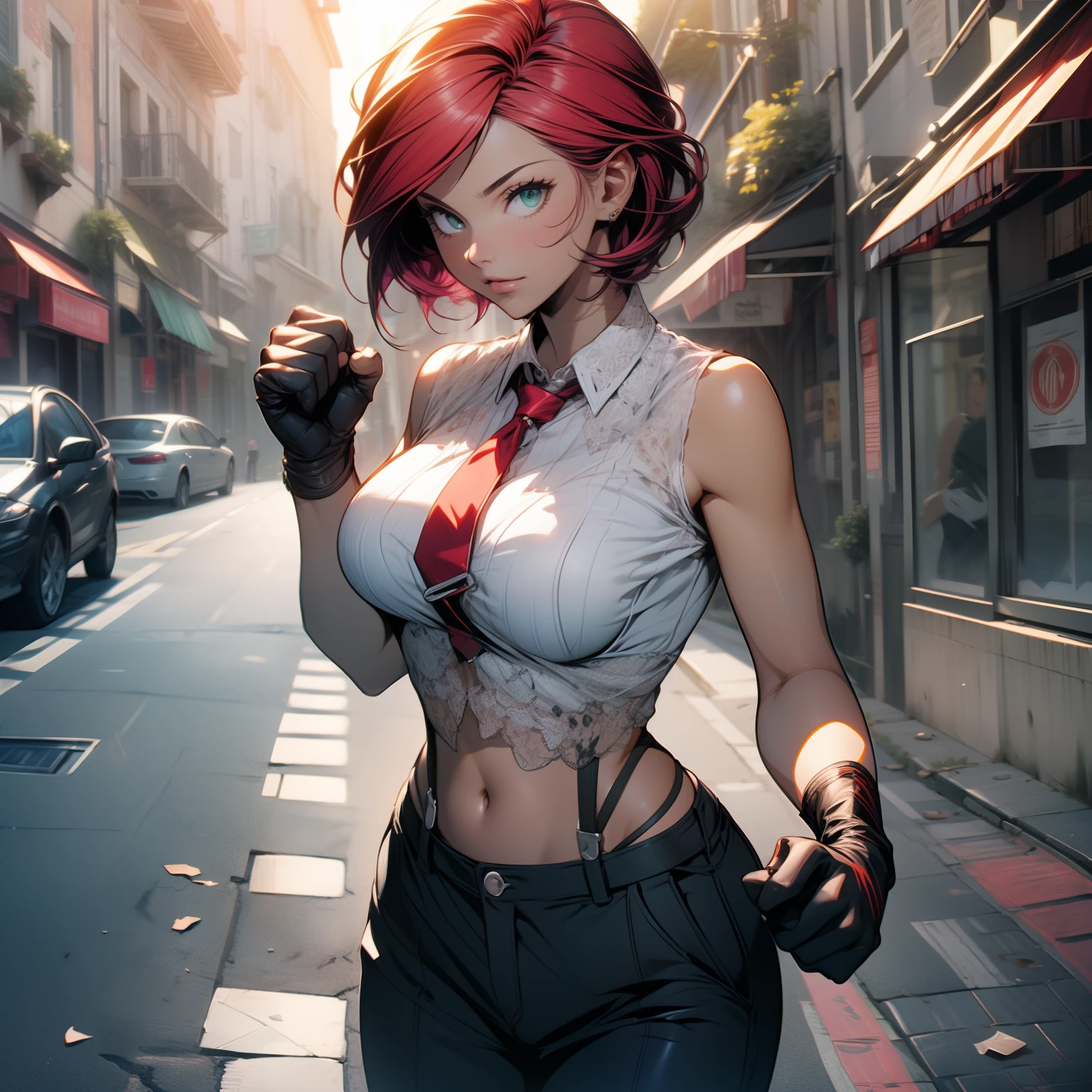 (((masterpiece))),  (((best quality))),  ((ultra-detailed)),  (illustration),  (detailed light), ((an extremely delicate and beautiful)), dramatic_shadow, ray_tracing, motion lines, looking at viewer, 1girl, solo, VanessaMS, Mature, red short hair, large breasts, bare shoulders, white shirt, red necktie, dark green pants, black straps, black loafers, visible bellybutton, standing, boxing pose, empty street, alleyroad, gloves