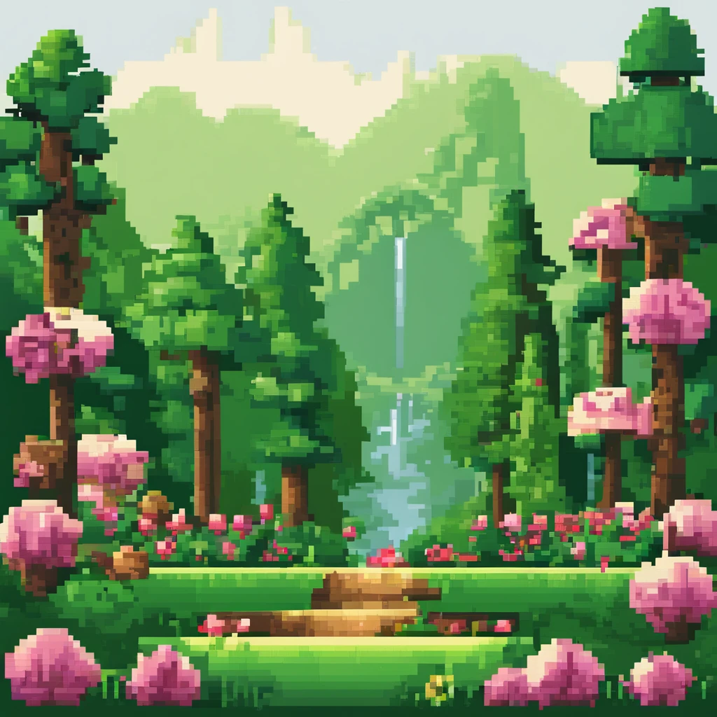 um cenario de floresta, com arvore e flores