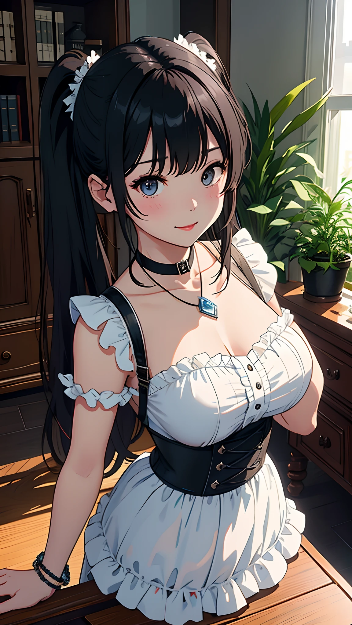 Background with:Western aristocratic room(wide々and study、bookcase、Large desk lined with historical Western antiques、Big old clock、Large houseplants、astronomical telescope、antique、Old brown globe、Stuffed deer head)。Laugh invincibly、show the grinps、a smile、Curvaceous but slender、Fantastic hair color、ornament detached、Black and white and ruffled maid clothes、Separate Wear、Niso、accessorized、Bracelets、Misanga、a necklace、arm band、Muchimuchi Body、well-muscled、mole、shairband、Distinctive charm points、Eyebrows、Sareme、poneyTail、Muscular nose、red blush、offensive、one eye covered、sadist、Carrying a large scythe、Fleshy lips、Physical beauty、Black Choker、disheveled hair、Unique fashion、Depiction in motion、soft sunlight、Combining Light and Shadow、(top-quality、hight resolution、8k、masterpiece:1.2) 、(Cute)(masutepiece), (Best Quality),1girl in,Upper body,(double exposure:1.2),(Simple background:1), (Cinematic Angle),(Dynamic Angle),(Low contrast),(Flat color:0.7)。complex details beautiful and delicate eyes, Smooth Anime CG Art, Detailed Digital Anime Art, official artwork, pixiv style, Detailed anime artwork,