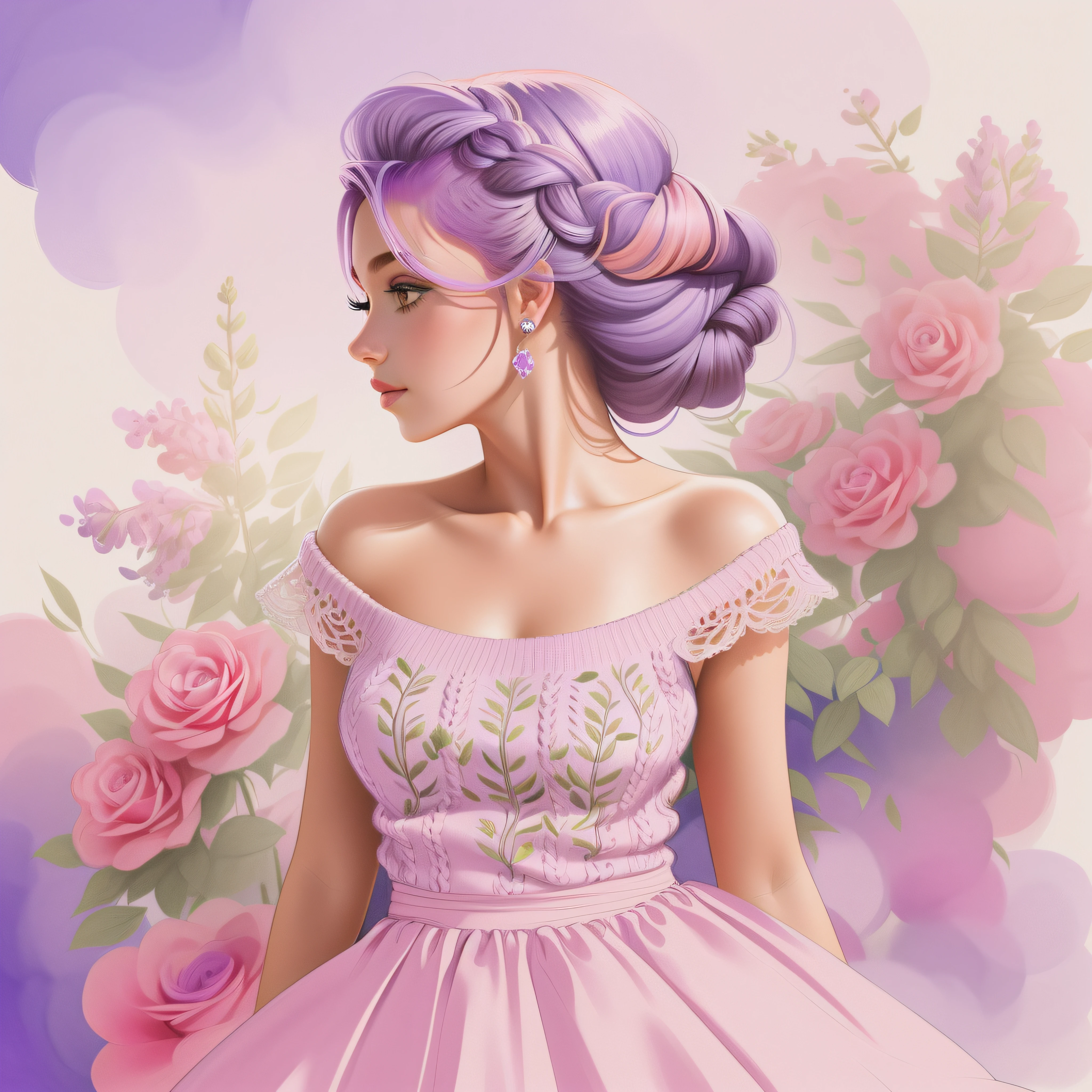 a drawing of a woman with long purple hair and a pink sweater, long braided purple hair, cabelo longo violeta, Estilo de desenho bonito, cabelo de lavanda, lilac hair, estilo de arte impressionante, cabelo longo roxo, girl with plaits, retrato do cabelo roxo da mulher, cabelo violeta, cabelo roxo, longos cabelos roxos claros, detailed fashion illustration, Cor violeta, ela tem cabelo roxo