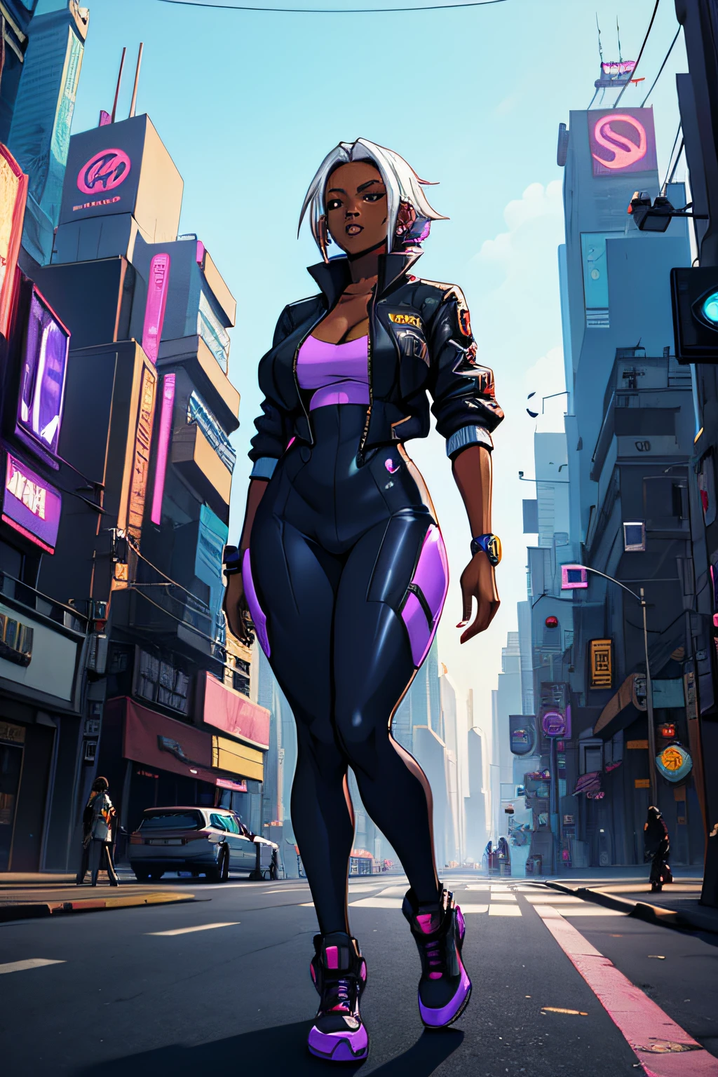 Huge boobs dark skin girl, running cyberpunk city