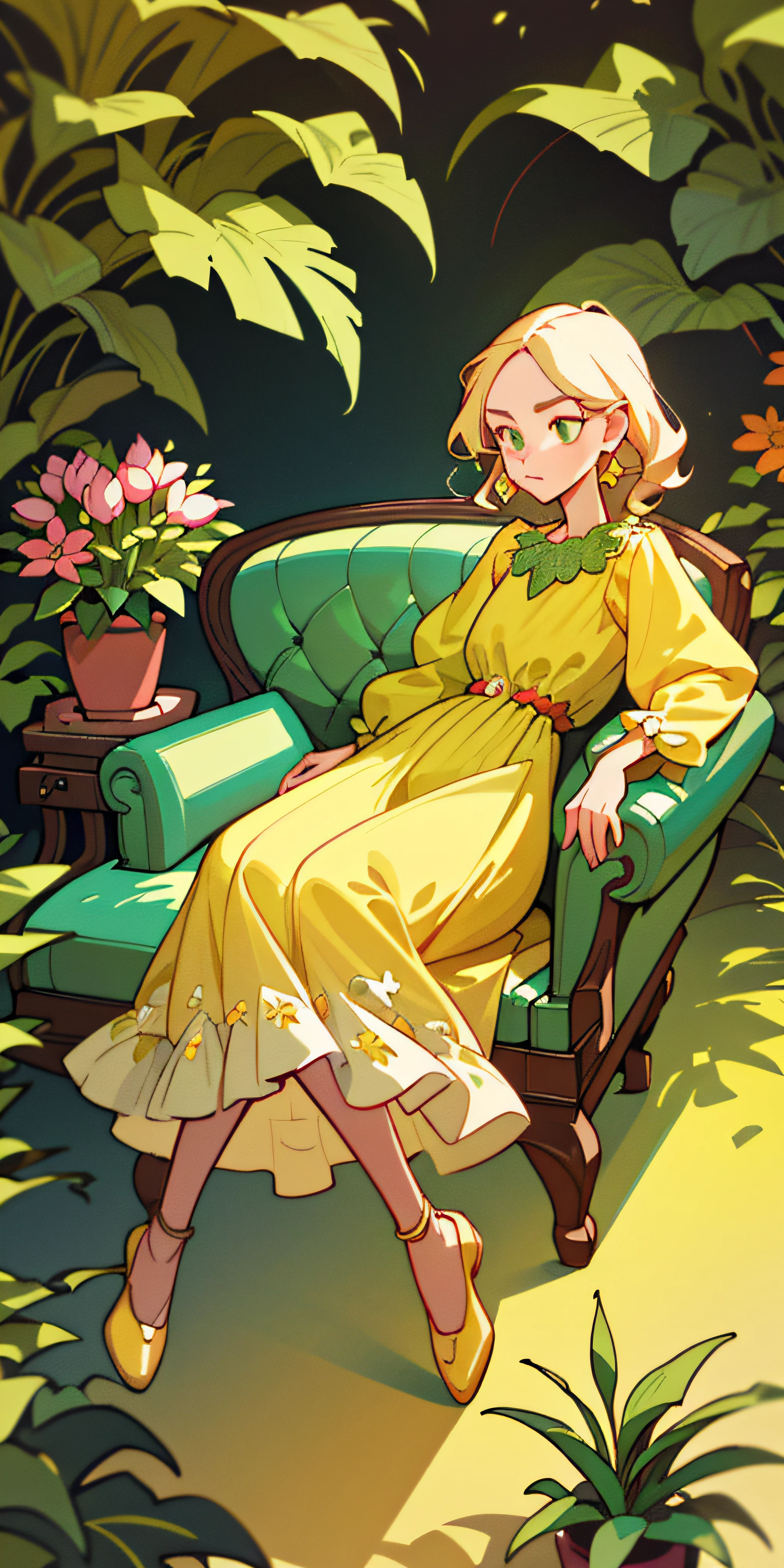 (Best quality at best,tmasterpiece),A girl is languidly half-lying on the sofa holding a potted plant planted with tulips,shift dresses,ventania,florals,Full body like,simplebackground,looking at viewert,The blonde