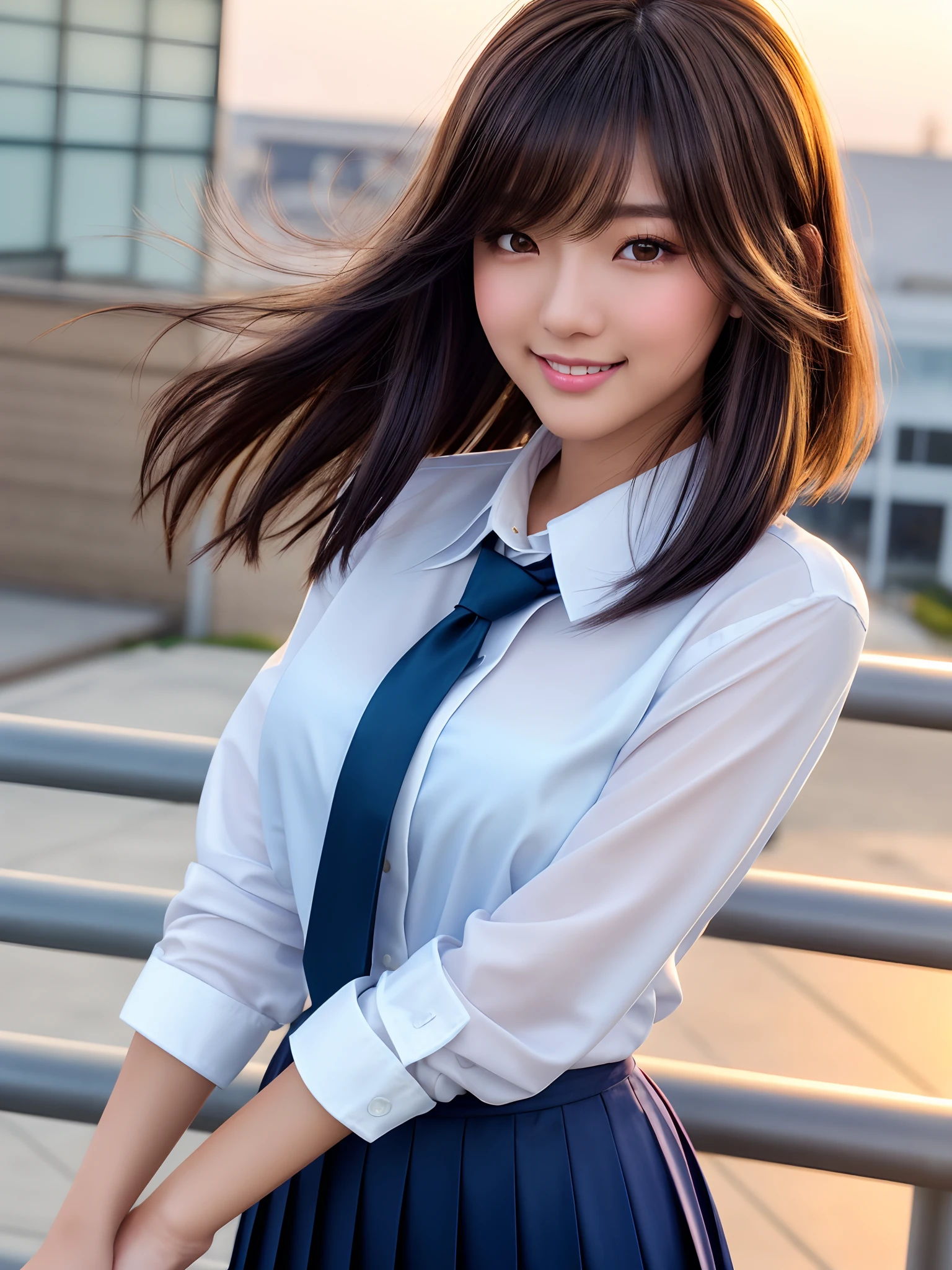 product quality, 1girl, cowboy shot, front view, a Japanese young pretty woman, bob hair, standing at a high school rooftop, bob hair blown by wind, with a big smile, sunset, glamorous figure, wearing a long sleeves white collared silky shirt with shiny satin dark blue plain tie, rolling up the shirt sleeves, wearing a dark blue pleated long skirt, hyper cute face, glossy lips, double eyelids in both eyes, natural makeup, long eyelashes, shiny smooth light brown bob hair, asymmetrical bangs, a tanned skin, central image, high resolution, high detail, detailed hairstyle, detailed face, spectacular cinematic lighting, octane rendering, vibrant, hyper realistic, perfect limbs, perfect anatomy