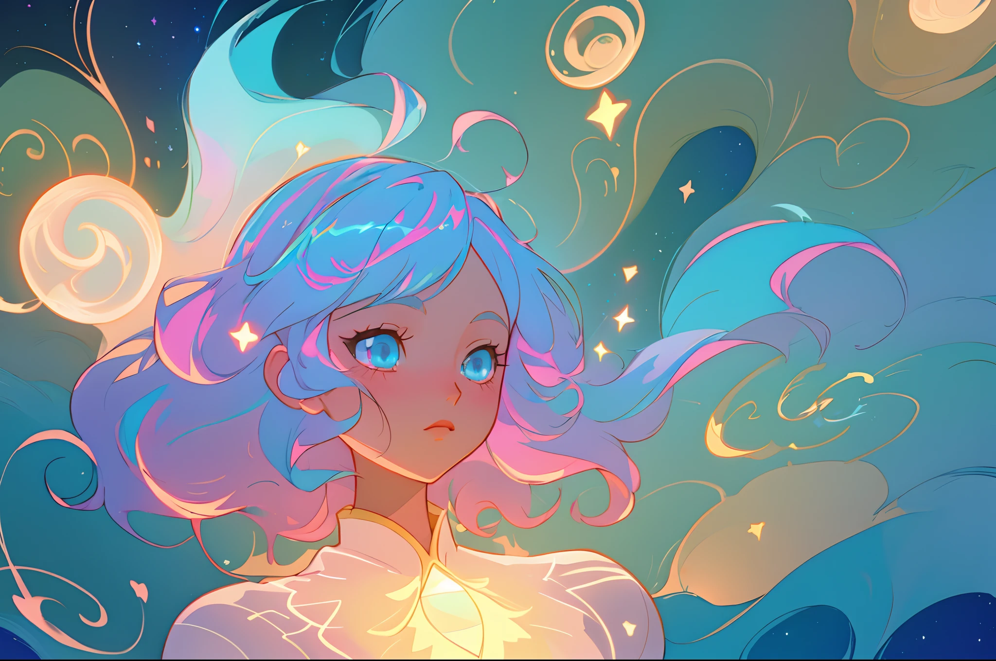 anime, princess flowing gown, glowing ethereal hair, anime girl with cosmic hair, beautiful young wind spirit, beautiful anime art style, beautiful digital illustration, inspired by Glen Keane, inspired by Lois van Baarle, disney art style, glowing aura around her, jen bartel, glowing lights, (masterpiece, best quality), sharp focus, 8k resolution, intricate detail, highly detailed, swirling lines of light, magical lights, whimsical, magical, fantasia background, pastel colors, beautiful girl, golden ratio, perfection, beautiful face, sparkling detailed eyes