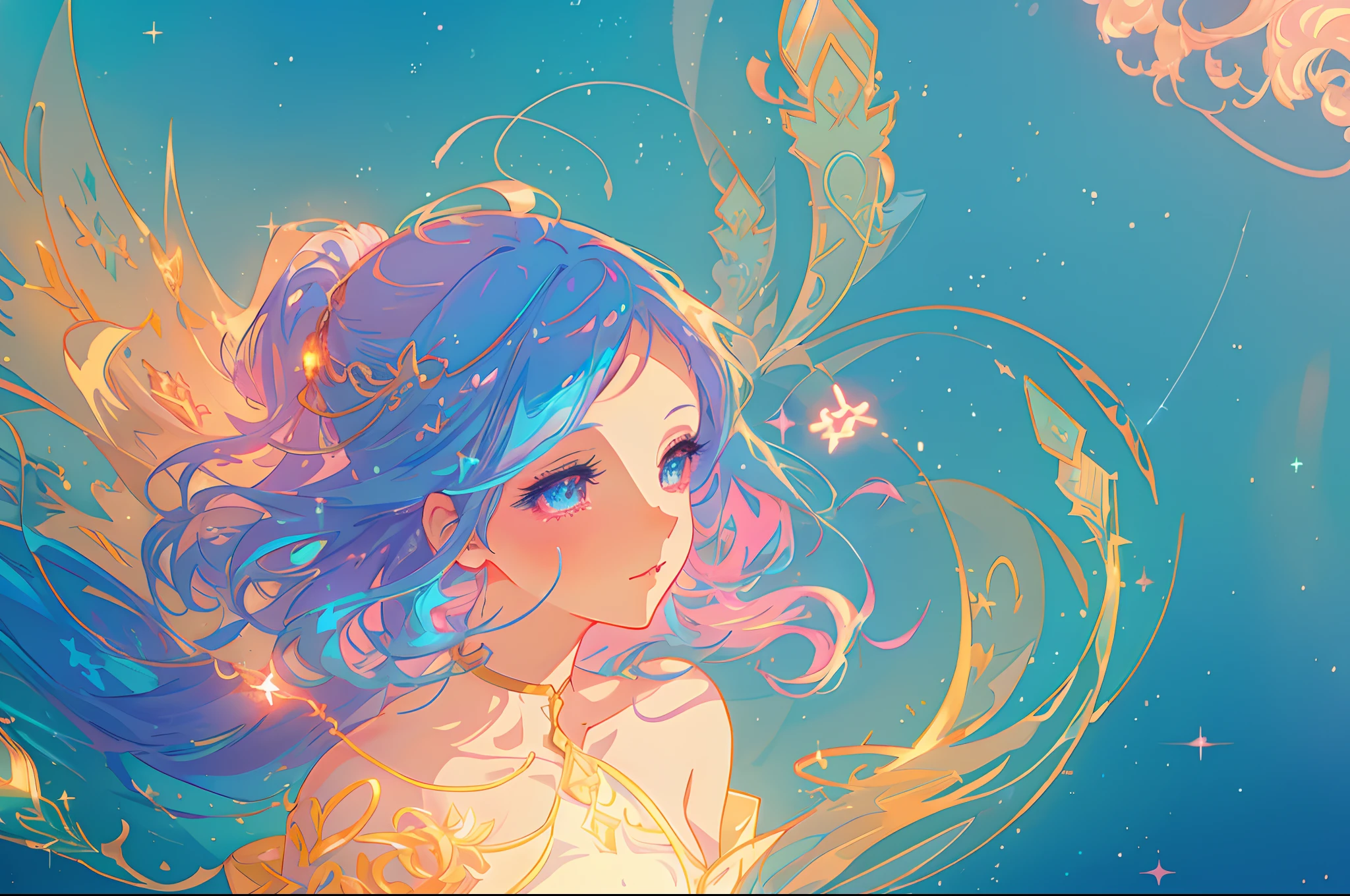 anime, princess flowing gown, glowing ethereal hair, anime girl with cosmic hair, beautiful young wind spirit, beautiful anime art style, beautiful digital illustration, inspired by Glen Keane, inspired by Lois van Baarle, disney art style, glowing aura around her, jen bartel, glowing lights, (masterpiece, best quality), sharp focus, 8k resolution, intricate detail, highly detailed, swirling lines of light, magical lights, whimsical, magical, fantasia background, pastel colors, beautiful girl, golden ratio, perfection, beautiful face, sparkling detailed eyes
