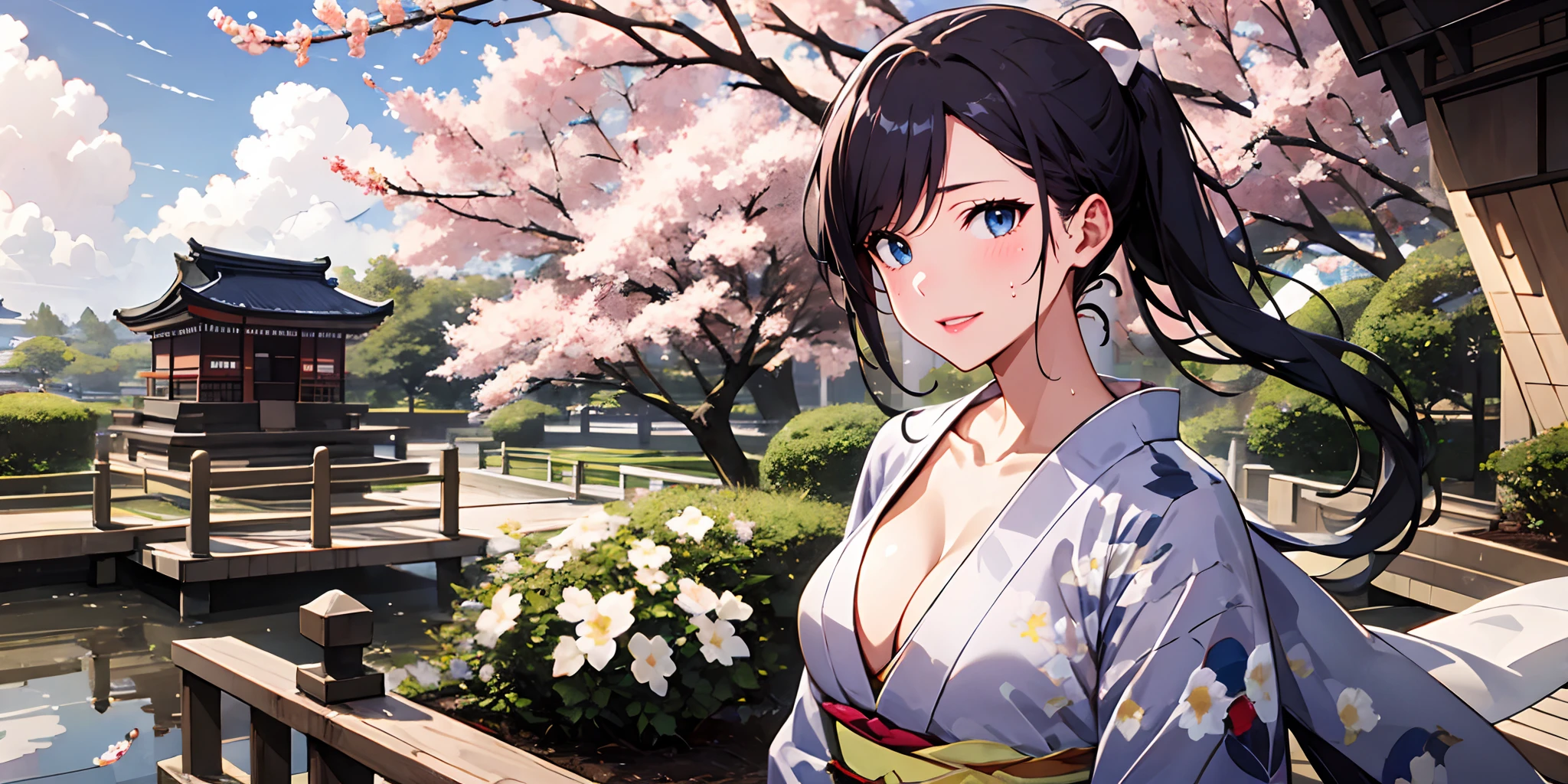 tree, day, cherry_blossoms, 1girl, japanese_clothes, sky, ponytail, kimono, black_hair, breasts, cloud, east_asian_architecture, solo, building, sarashi, flower, outdoors, blue_sky, collarbone, lips, long_hair, upper_body, architecture, looking_at_viewer, shrine, sash, brown_eyes, cleavage, obi, medium_breasts, white_kimono, mole, parted_lips, bow