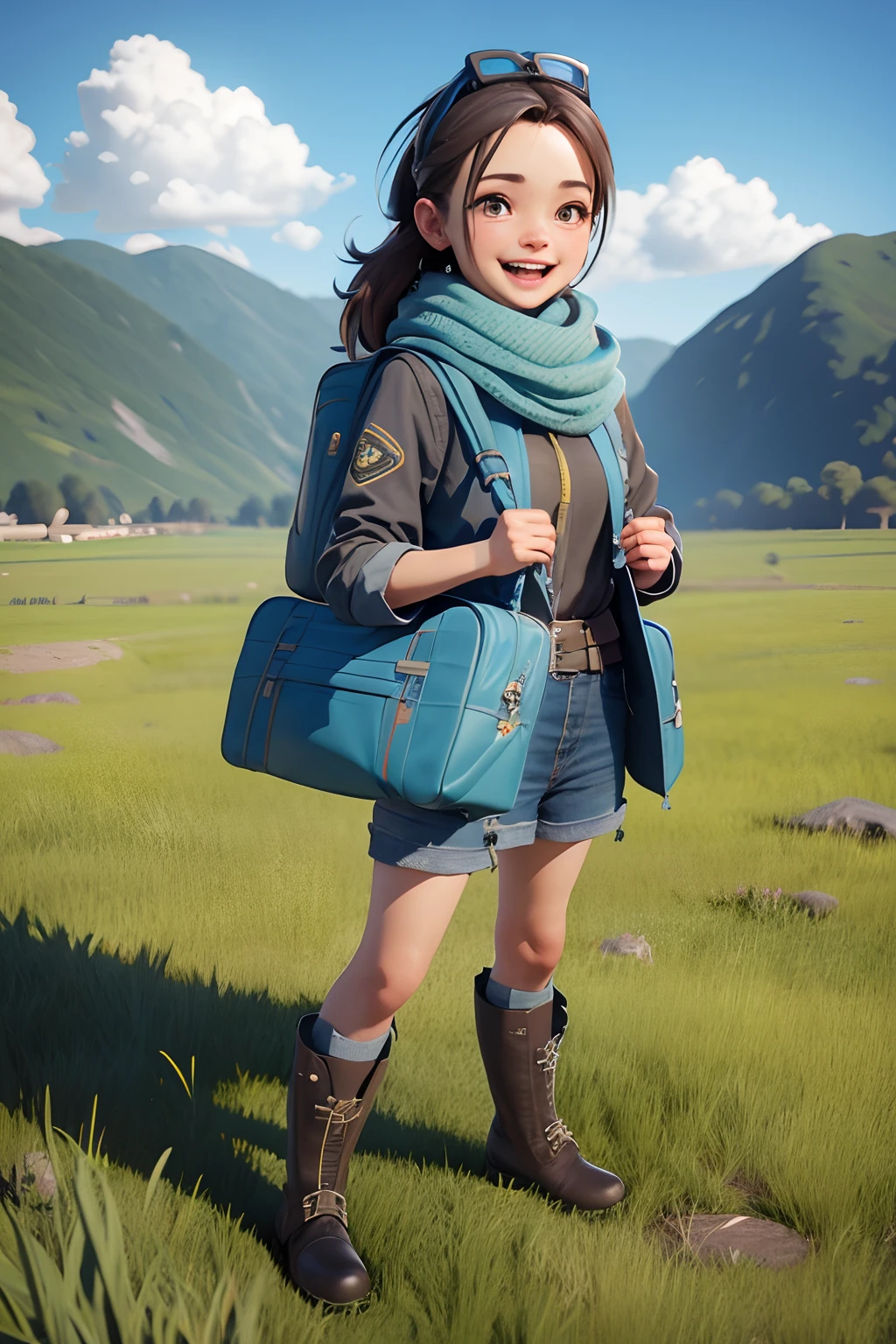 one-girl，having fun，travelbags，boot，grass field，blue-sky，scenecy，c4d，arte 3D，octaneratingrendering