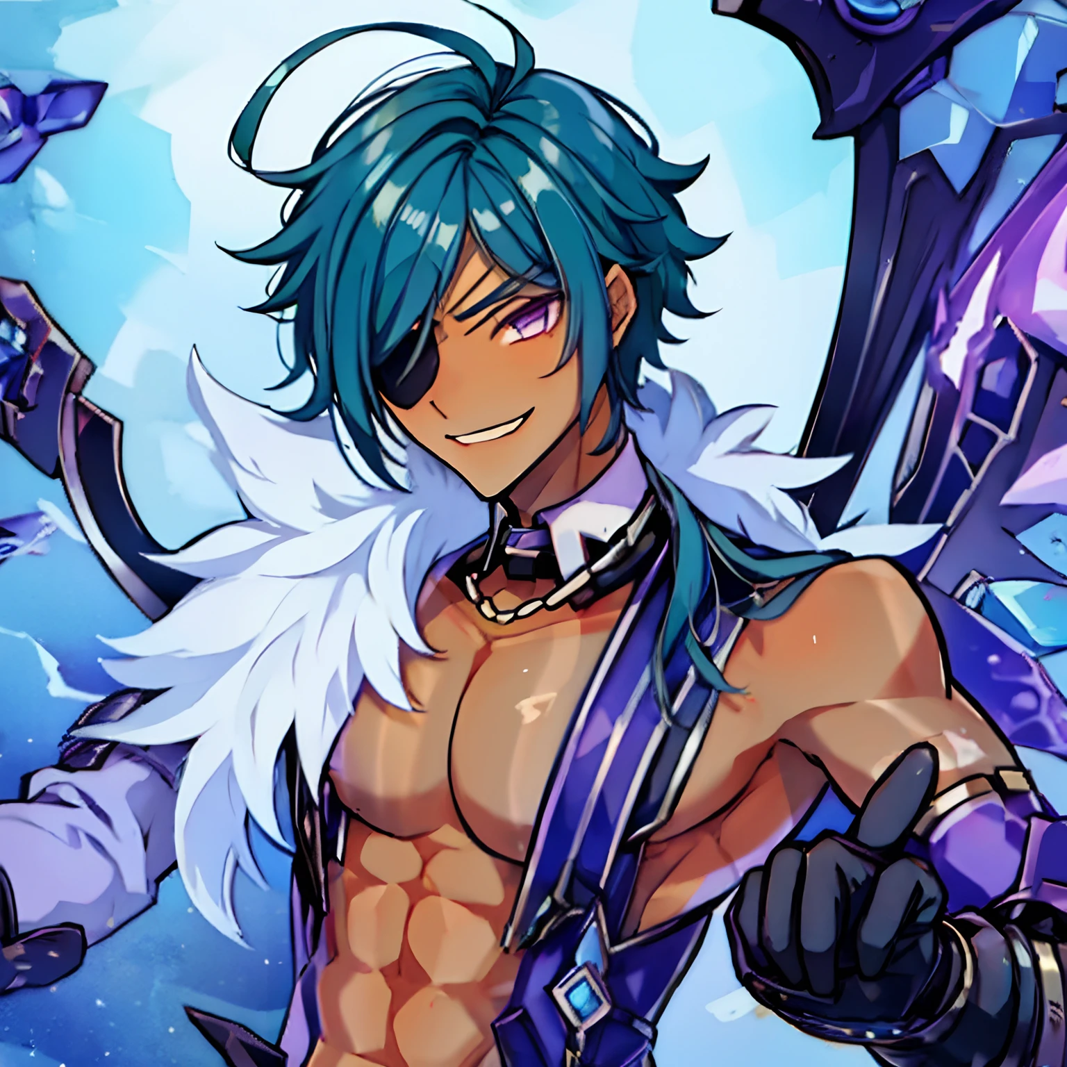 Kaeya , Evil , corruption, ((1Boy ,solo)),((Tan Skin:1.2)), Eye patch,evil smile,chaosphcos
gloves
mechanical wings, Anime