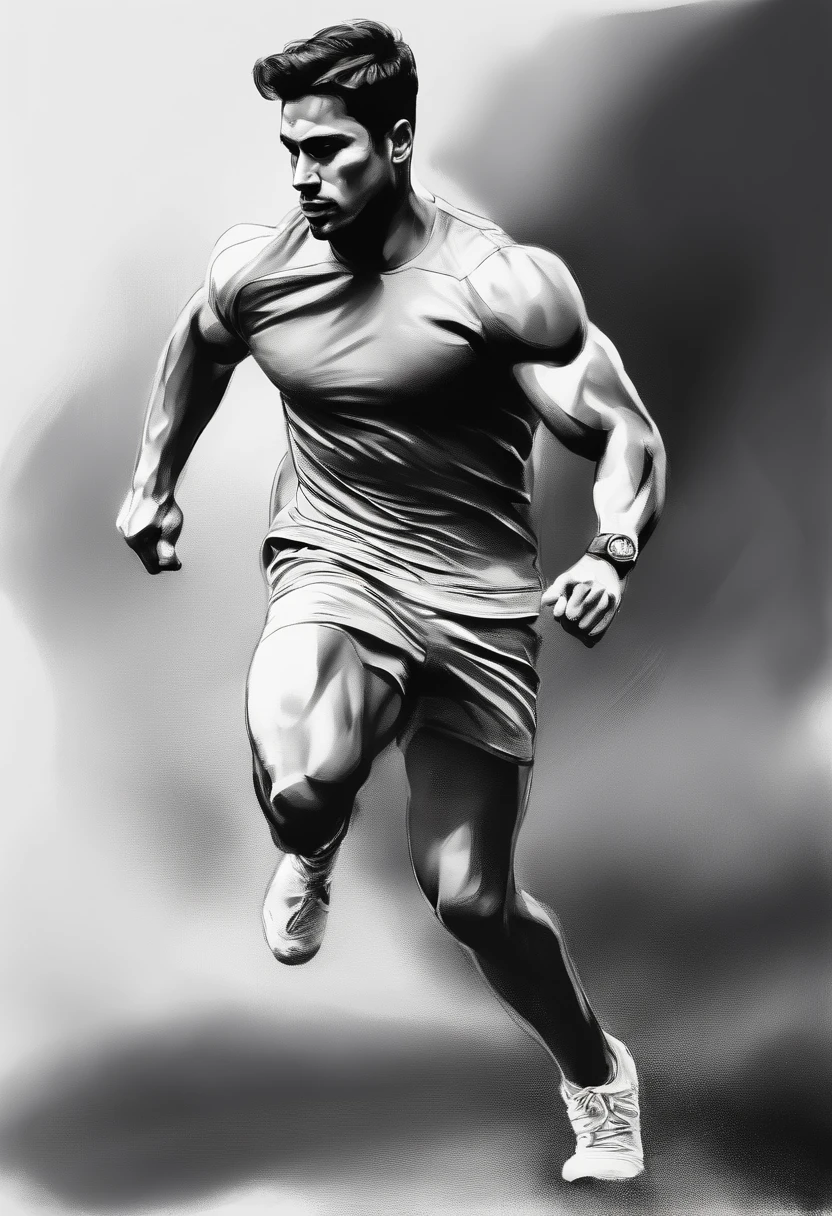 Sketch of rough coal without background, Muscular male figure,Running stance,Black sports short sleeves,Black sports shorts,Side full body sketch,Clean line art,+Expressive lines,In the expressive sketch painting style, hatching, Black and white sketch, handpainted, Linear style::Sketch note style sketch