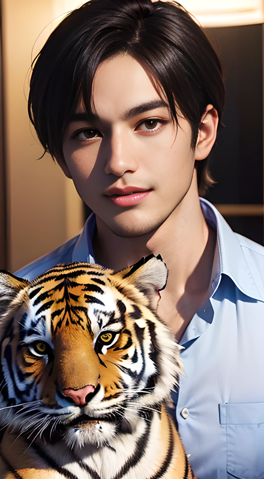 (((Men only))), ((head shot)), (Leon Kennedy), (((with big tiger in the front))), ((short hair)), (wearing dress shirt), ((Handsome muscular male man in his 20s)), (Big smile), (detaile: 1 in 1), Natural muscles, HIG quality, beautidful eyes, (Detailed face and eyes), (Face、: 1 / 2), Noise, Real Photographics、... .......................................................................................................................PSD, Sharp Focus, High resolution 8K, realisitic & Professional Photography, 8K UHD, Soft lighting, High quality, Film grain, FujifilmXT3