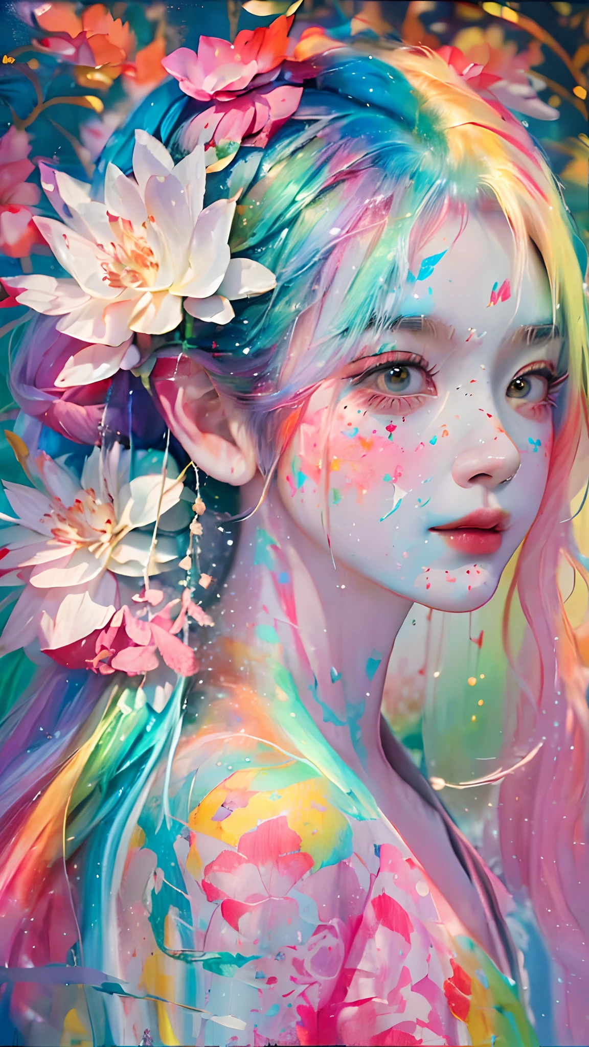 (Masterpiece, Best quality, high resolution), Lotus background, ((paint splatter, colored splashing, Splash of Ink, colored splashing)), ((Sweet Chinese girl, Rainbow hair)), Pink lips, Front, Upper body,Lotus in the background, Lotus flowers in water,ssmile