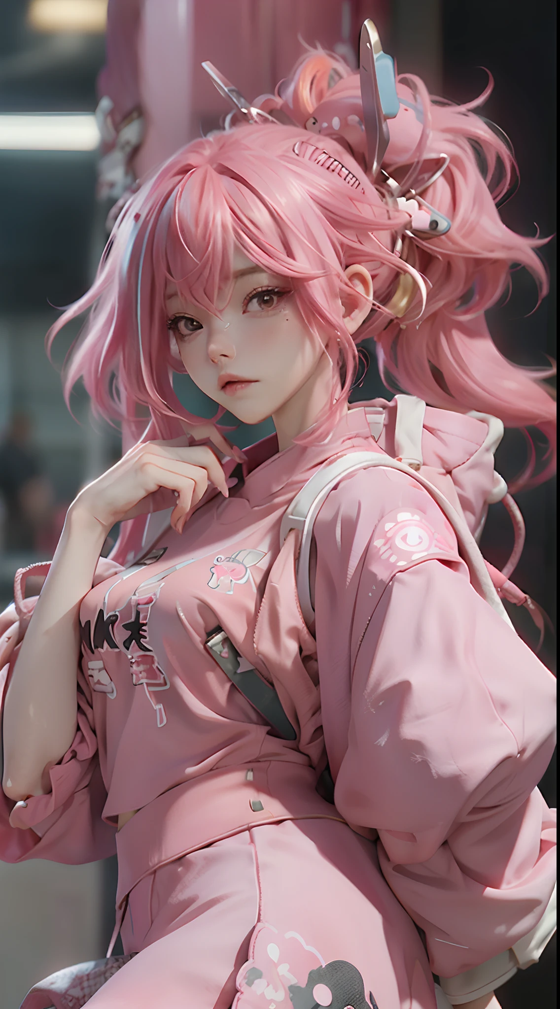 anime girl with pink hair with a backpack, she is wearing streetwear, with pink hair, portrait of jossi of blackpink, ulzzang, ((pink)), jossi of blackpink, lalisa manoban of blackpink, wearing cyberpunk streetwear, japanese streetwear, with long hair, anime girl in real life, casual pose, pink girl