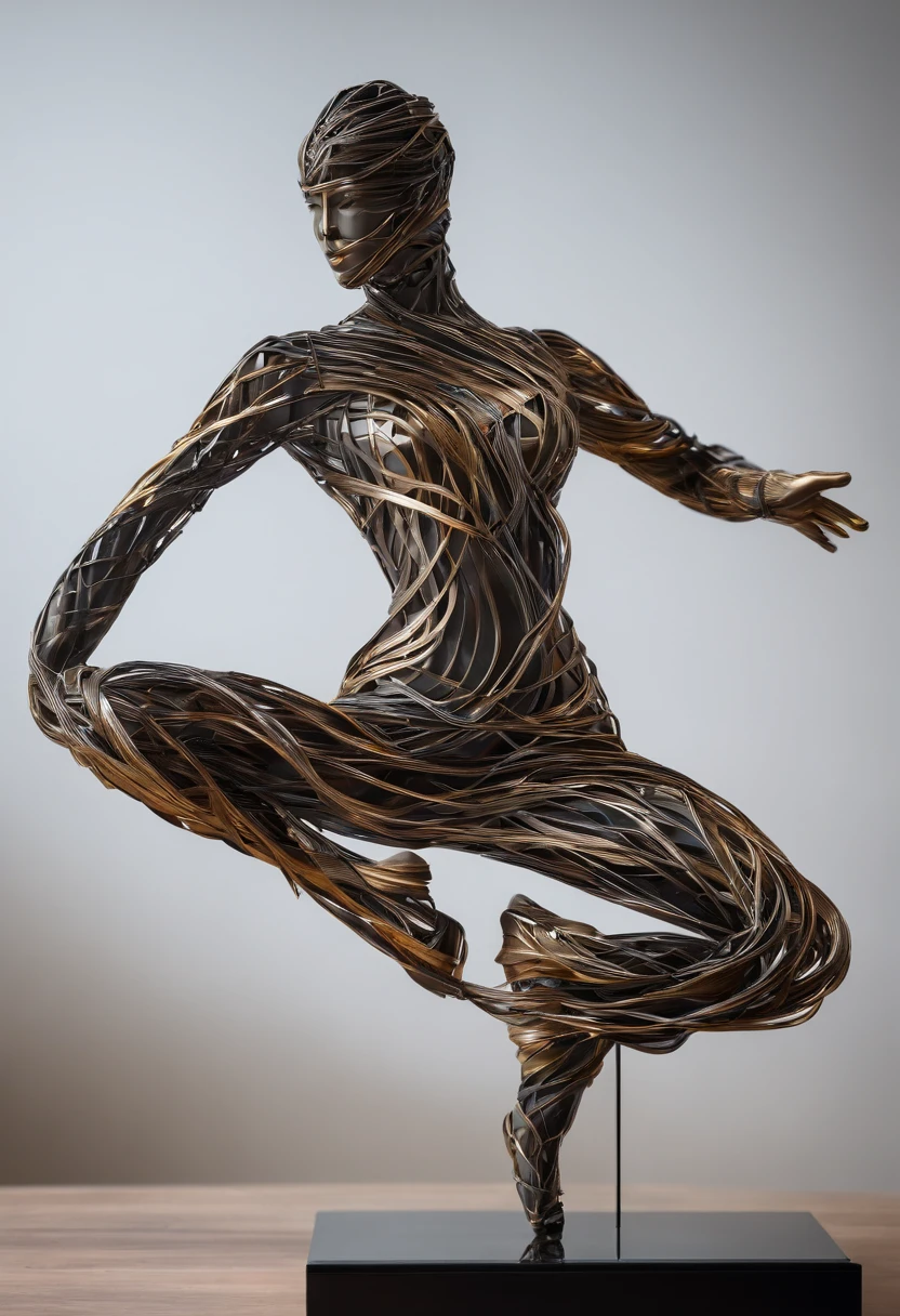 An eccentric and abstract movement sculpture of a gymnast, made of metal ribbons and dynamic movements, detailed abstract, minimalism.