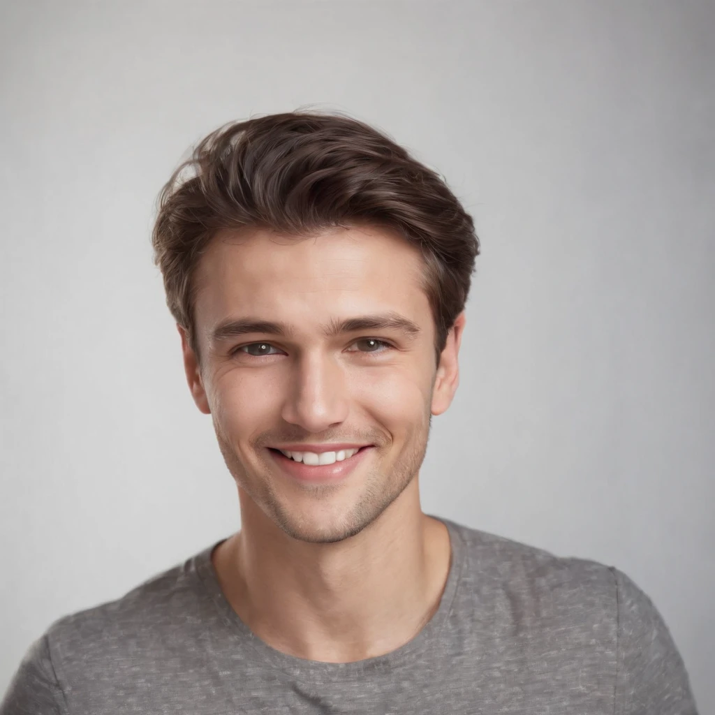 (Photo: 1.3) af (Realism: 1.3), Caucasian man soft light, clear face, happy, cheerful, smiling, warm light, ((gray white background)), ((gray white background)). ((gray wall background)) avatar, (long or short hair), smile, handsome, young,, short hair, smile, (medium close-up)