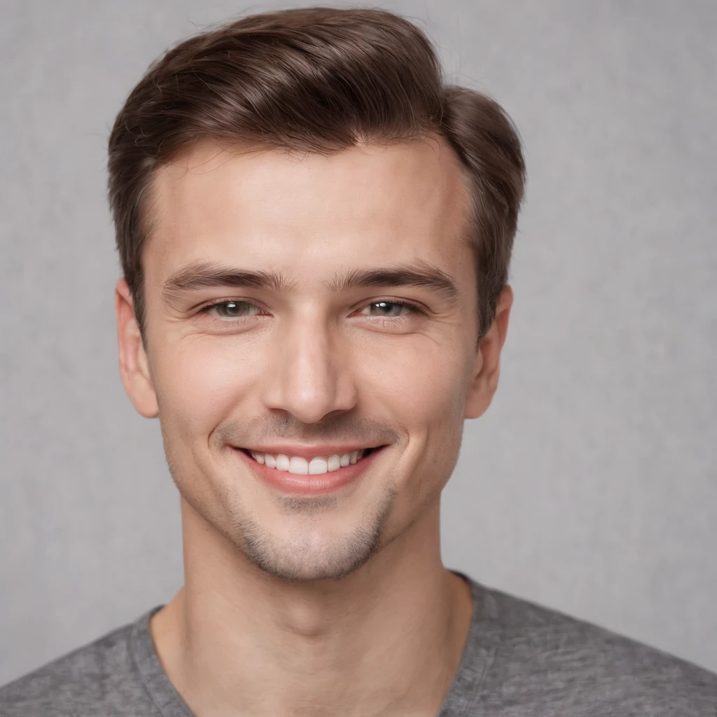 (Photo: 1.3) af (Realism: 1.3), Caucasian man soft light, clear face, happy, cheerful, smiling, warm light, ((gray white background)), ((gray white background)). ((gray wall background)) avatar, (long or short hair), smile, handsome, young,, short hair, smile, (medium close-up)