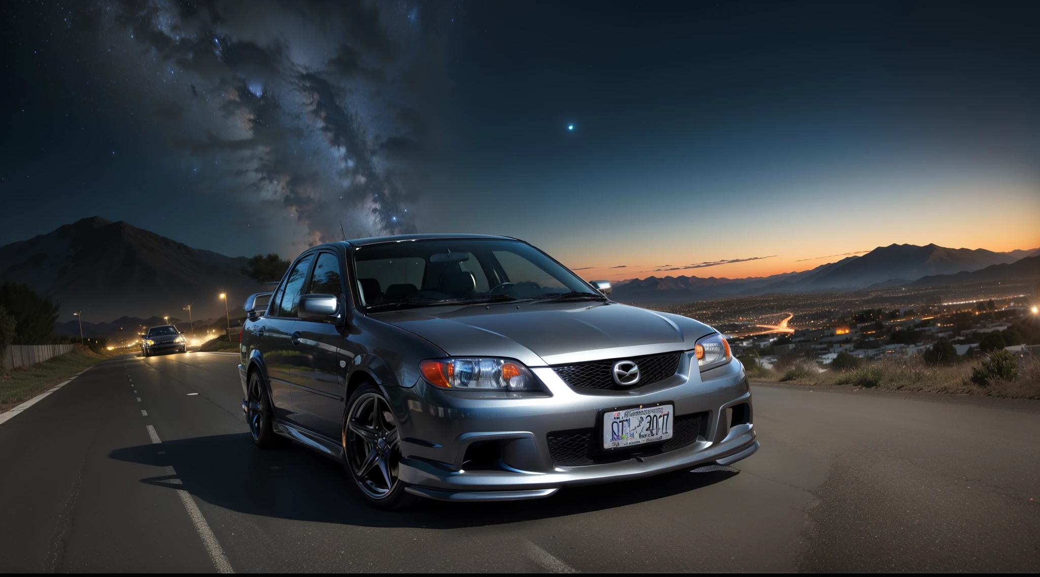 (city), Mazdaspeed Protege, lowered car, front view, Road, ((dark)), blue night sky, (((night))), starry sky, Mountain, (Masterpiece, Detailed, A high resolution),