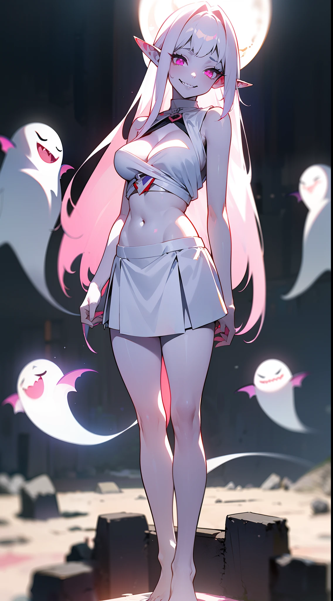 Original Character,8k, Masterpiece, Best Quality,Detailed, Beautiful Detailed Eyes,,cinematic composition,,1vampire girl,solo,pink eyes,white hair, long hair,(pink halo),(((white skin like a vampire,pale skin,colored skin))),sharp teeth,large breasts,(show belly,bare belly),(only white sleeveless and shoulderless t-shirt),(cleavage),(Japanese school white skirt),bare foots,elf ear,blush,((standing in front a stones ruins in night,cutes ghosts around)),night,white skin,colored skin,crazy Eyes,Crazy Smile, Shaded Face,yandere, yandere trance,teeths,closed mouth,full body