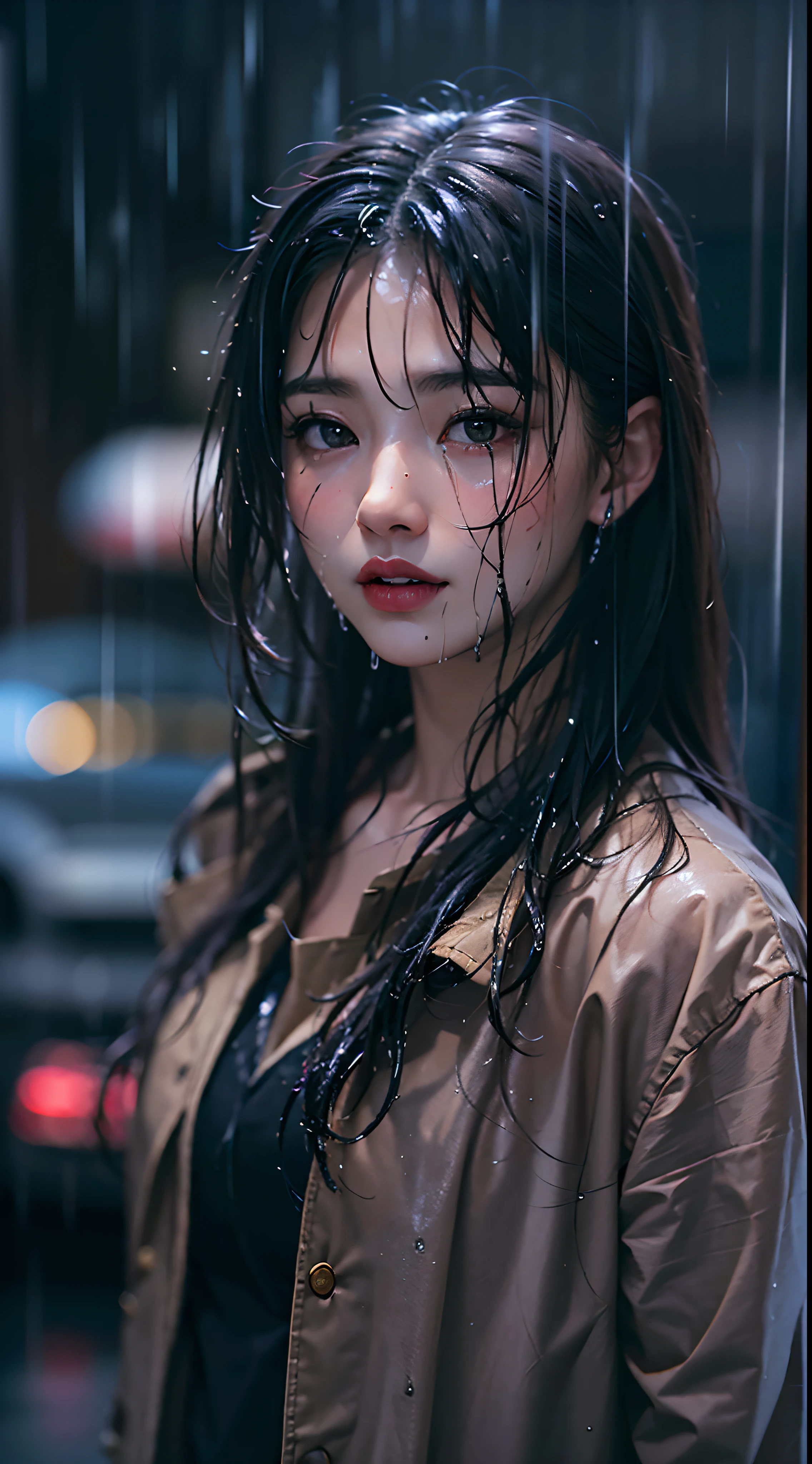 (masterpiece), best quality, expressive eyes, perfect face, (8k, best quality, masterpiece:1.2),(best quality:1.0), (ultra highres:1.0), body full shot, solo, Beautiful girl, 19 years old, cool expression, sexy lips, black hair, Wet hair, Wearing business clothes, wet clothes, Walking in the pouring rain, cinematic shot, aesthetic rain, long shot