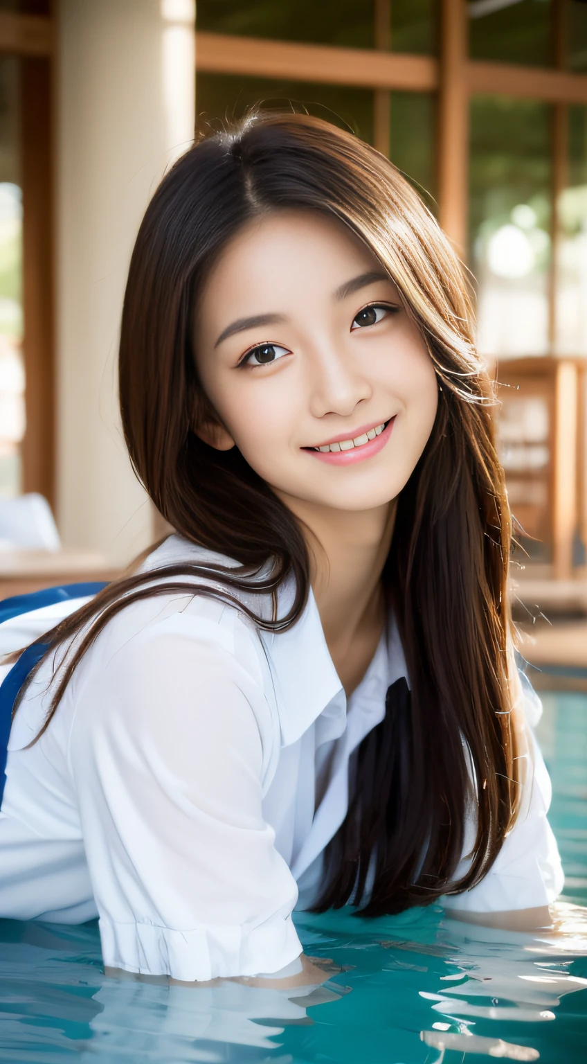 ((8K quality、professional、highest quality、masterpiece:1.3))、solo、Real、Photorealistic、Portrait、(Upper body close-up)、Slender Abs:1.2、Very cute 12-year-old elementary school student、((Flat Chest:1.4、AA cup、Skinny Beautiful Girl:1.4))、((Loose fitting T-shirt、Plain and large long T-shirt:1.4))、library:1.4、Platinum Blonde Hair、Silky straight hair、Beautiful Bangs、Delicate and cute 12-year-old beautiful girl、Slim fit、Skinny body、Sub-surface Scattering、Highly detailed face and skin texture、Beautiful detailed eyes、 Attractive big eyes、Beautiful detailed nose、The best beauty、Shooting from above、(Leaning forward:1.3)、Down blouse、Perfect hands、Smile、Looking at the camera