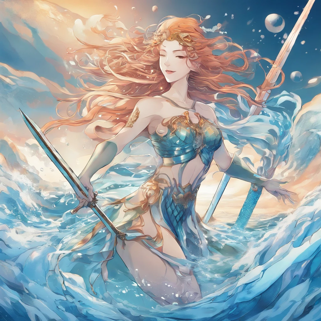Female character Triton, on an icy sea, delicate face features, corpo muito forte, corpo inteiro, holding a sword with one hand, the other hand manipulating water against men using spear, matando os homens
