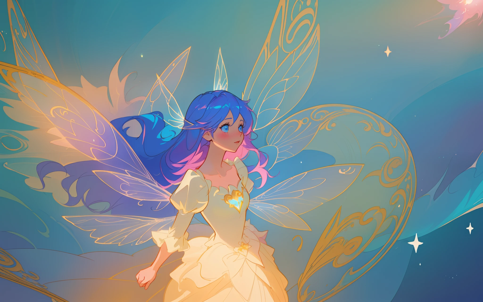 beautiful anime girl in flowing puff sleeve ruffle tiered ballgown, ((fairy wings)), inspired by Glen Keane, inspired by Lois van Baarle, (disney art style), by Lois van Baarle, glowing aura around her, by Glen Keane, jen bartel, glowing lights! digital painting, flowing glowing hair, glowing flowing hair, beautiful digital illustration, fantasia background, whimsical, magical, fantasy, ((masterpiece, best quality)), intricate details, highly detailed, sharp focus, 8k resolution, sparkling detailed eyes, liquid watercolor, swirling magical lines of light. pastel colors