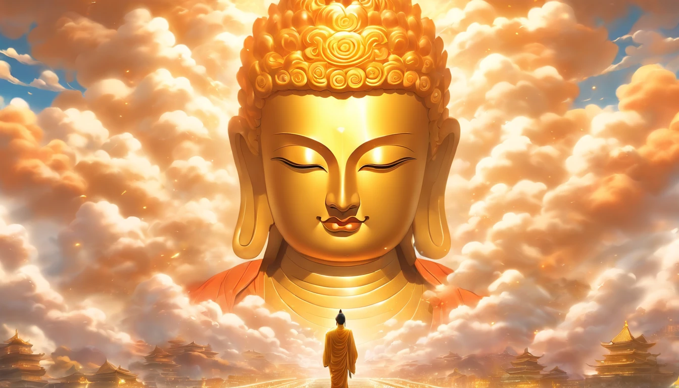 A huge golden Buddha statue rushed into the clouds, The length of the neck and limbs is proportional to the human body, The extremely solemn road of appearance, Pilgrims on the road, light smile,China style, In the distance, surrealism, stereograms, tachi-e, Atmospheric perspective, hyper photorealism, Cinematic lighting, god light, Super detail, ccurate, Best quality, masutepiece, 16 k, High details, A high resolution, awardwinning, 8K, Super detail, Anatomically correct