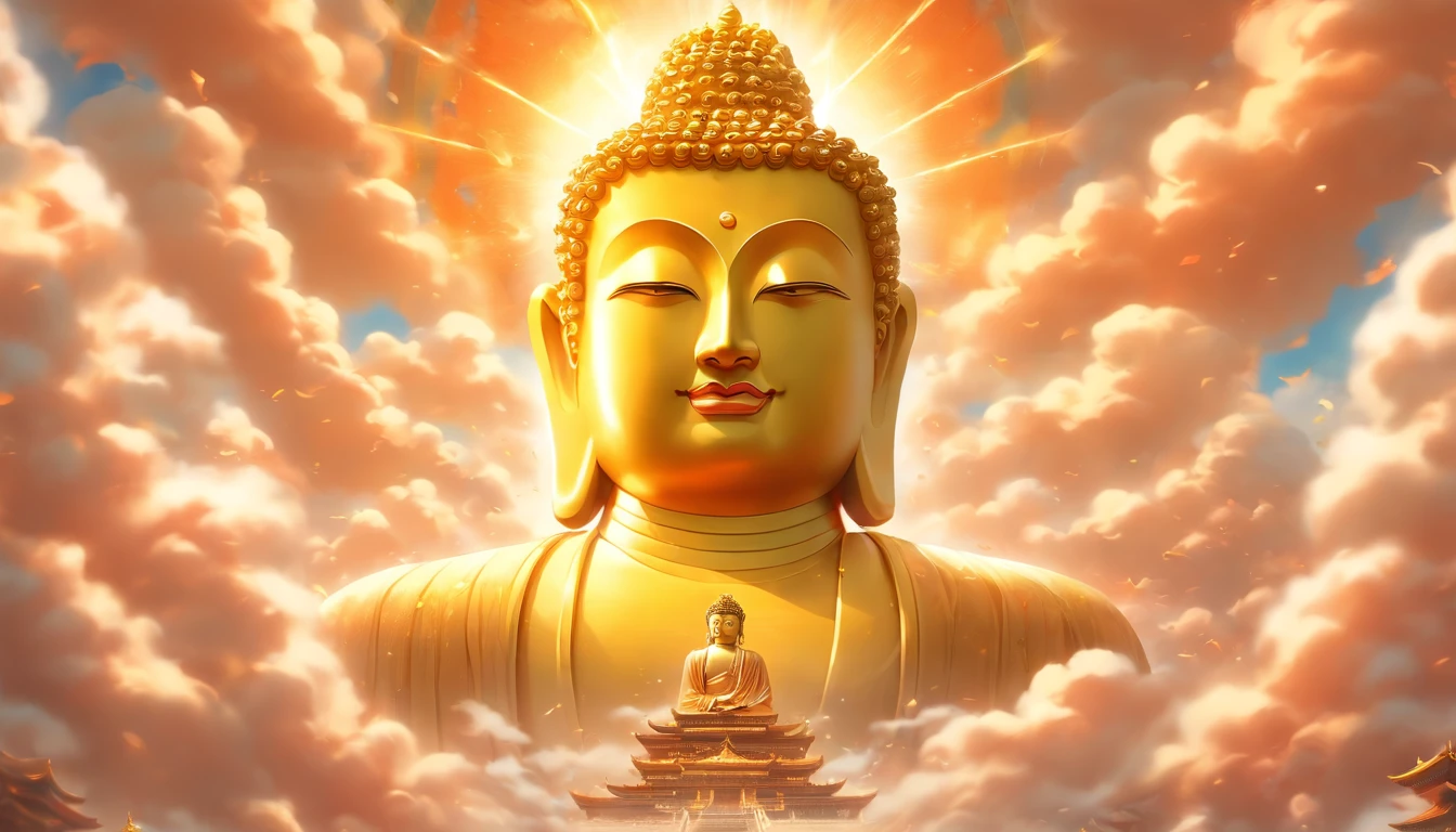 A huge golden Buddha statue rushed into the clouds, The length of the neck and limbs is proportional to the human body, The extremely solemn road of appearance, Pilgrims on the road, light smile,China style, In the distance, surrealism, stereograms, tachi-e, Atmospheric perspective, hyper photorealism, Cinematic lighting, god light, Super detail, ccurate, Best quality, masutepiece, 16 k, High details, A high resolution, awardwinning, 8K, Super detail, Anatomically correct