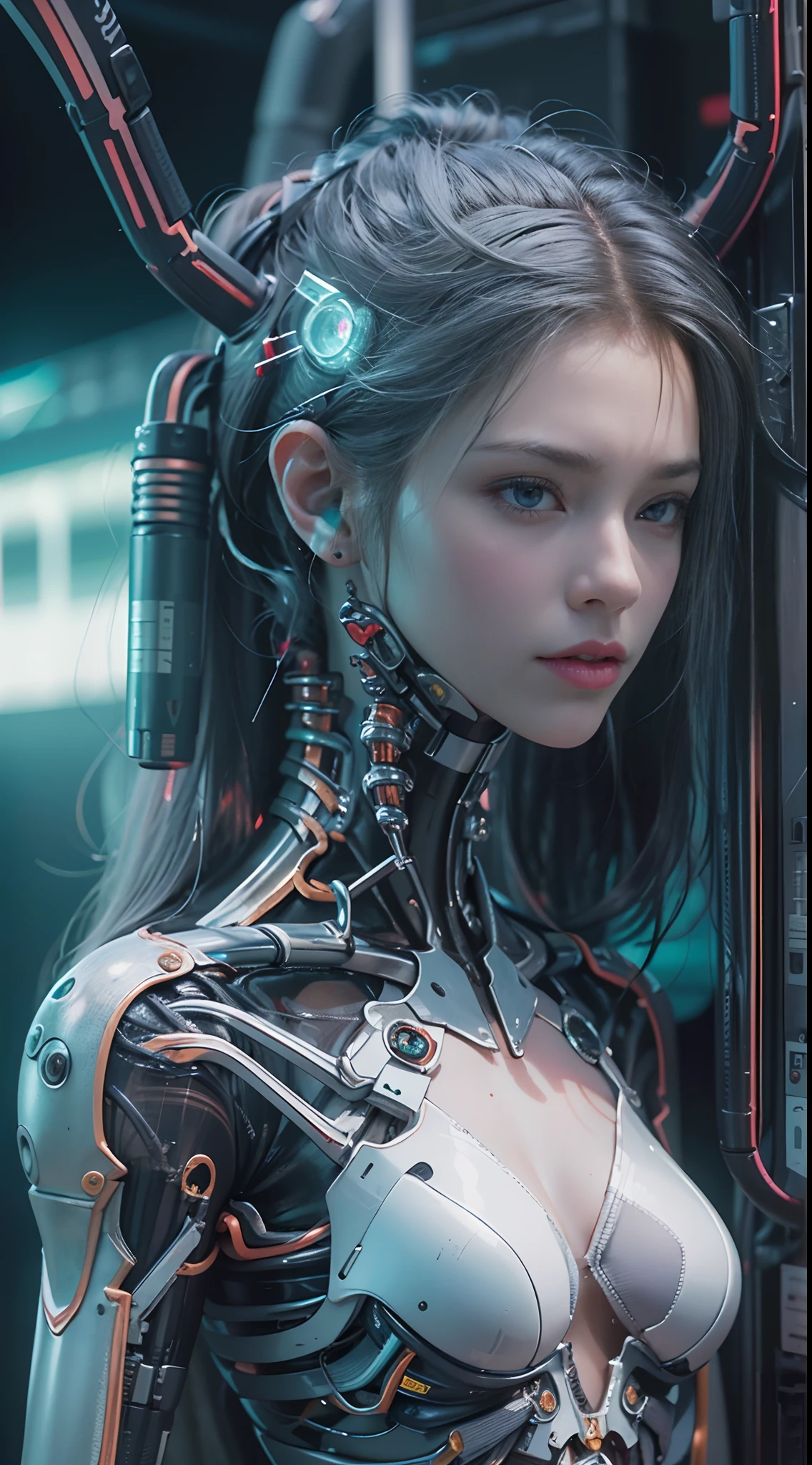 of the highest quality, Masutepiece, ultrahigh resolution, ((fotorrealista: 1.4), Foto RAW, 1 chica cyberpunk, Piel brillante y brillante, 1 mechanical girl, (Super realistic details)), mechanical limbs, Tubes attached to mechanical parts, Mechanical vertebrae attached to the spine, mechanical cervical attachment to the neck, alambres y cables que se conectan a la cabeza, Evangelion, Ghost in the shell, Small luminous light, global ilumination, Sombras profundas, Renderizado de octanaje, 8k, ultrasharp, Metal, Intrincados detalles ornamentales, Detalles barrocos, Detalles muy intrincados, Luz realista, Tendencias en CG, in front of camera, Neon light detail, (Android factory in the background), arte por H.r. Giger y Alphonse Mucha.