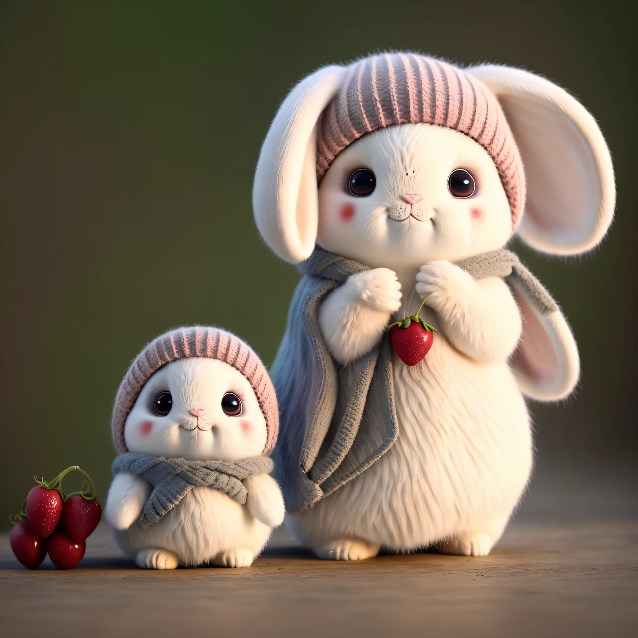 : 3. Rabbit, realistic, hairy, clothed animal, apple, dark circles, blush, cherry, food, fruit, full body, hat, non-human, strawberry, tomato, watermelon