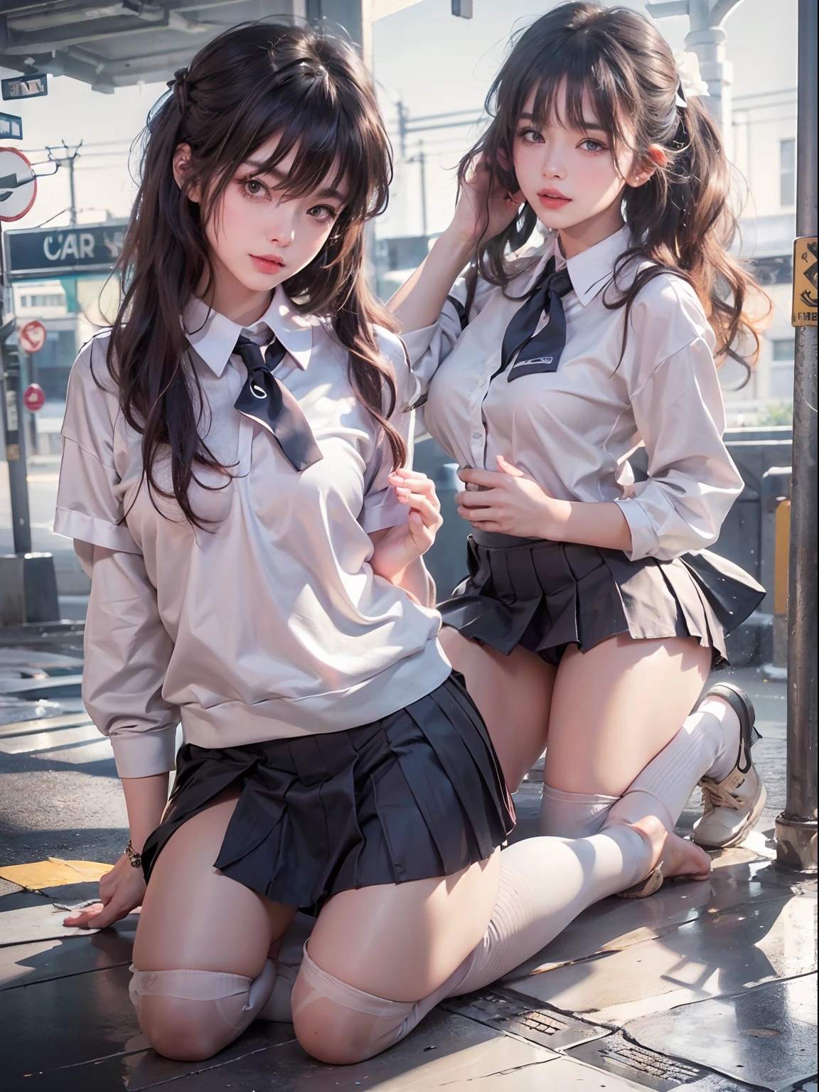 nsfw, 2girls, nude, full body, school girls, (masterpiece: 1.4), (8K, realistic, raw photo, best quality: 1.4), school uniform, view from below, legs open, nipple areola shape clear, slit_pussy, beautiful breasts, Japanese girl, beautiful cute face, (real face: 1.4), perfect pussy, beautiful hairstyle, realistic brown eyes, beautiful detail eyes, (real skin: 1.3), beautiful skin, attractive, ultra high resolution, ultra realistic, cinematic lighting, black colored hair, short hair, modern city street
