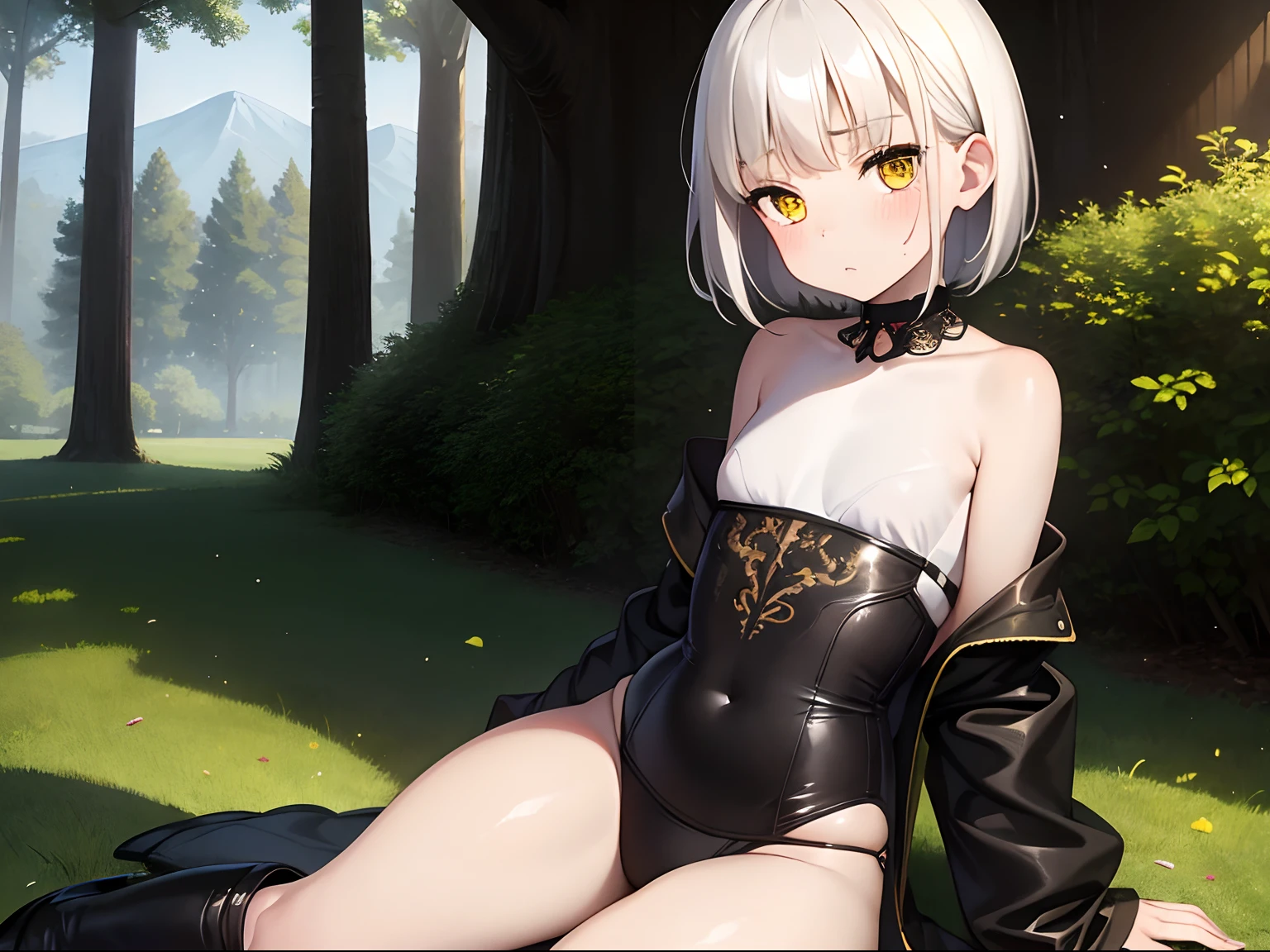 1girl, high resolution, masterpiece, extremely detailed, realistic, small, short, (), slender, extremely cute face, cute eyes, yellow eyes, big eyes, sharp eyes, sharp face, beautiful, soft skin, smooth skin, oversized black coat, black boots, in forest, looking around, short white hair