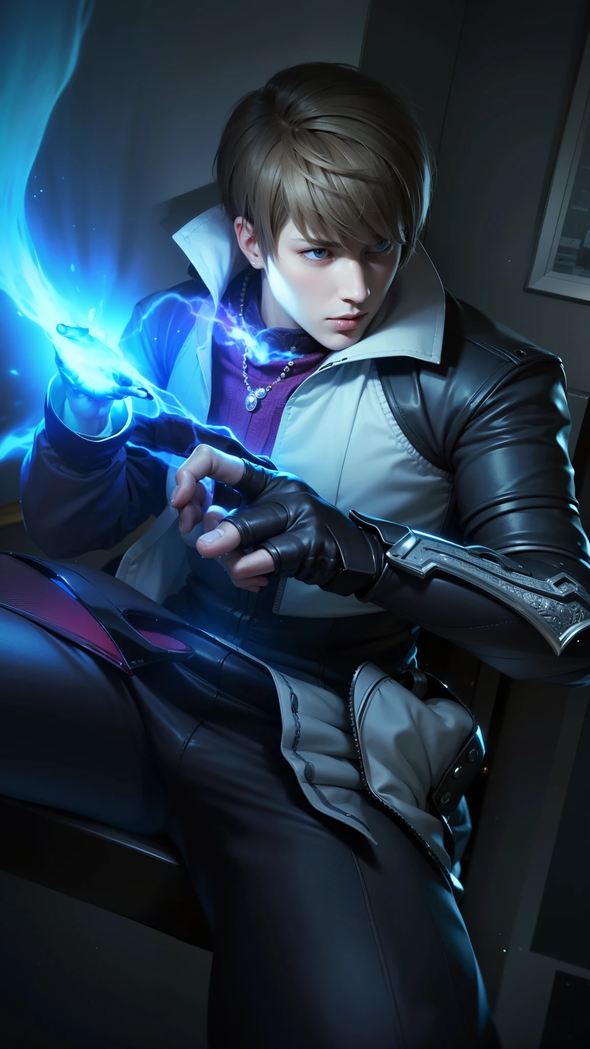 masculine male, masterpiece, ((perfect eyes)) best quality, (semirealism:1.9), beautiful lighting, (extremely detailed CG unity 4k fhd wallpaper), High Detail, Sharp focus, dramatic outdoors, 1 boy ,19 years old, white hair, light purpel eyes, smile.