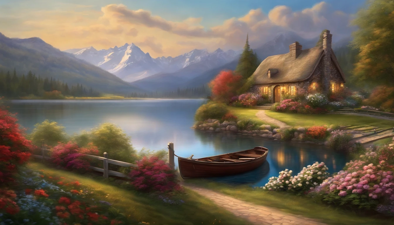 painting of a cottage, flowers beside of fence, fence along the road,  mountain landscape with a lake and a boat, illustration matte painting,  inspired by Thomas Kinkade, symmetric matte painting, detailed scenery , style raw, 8 k ultra detailed